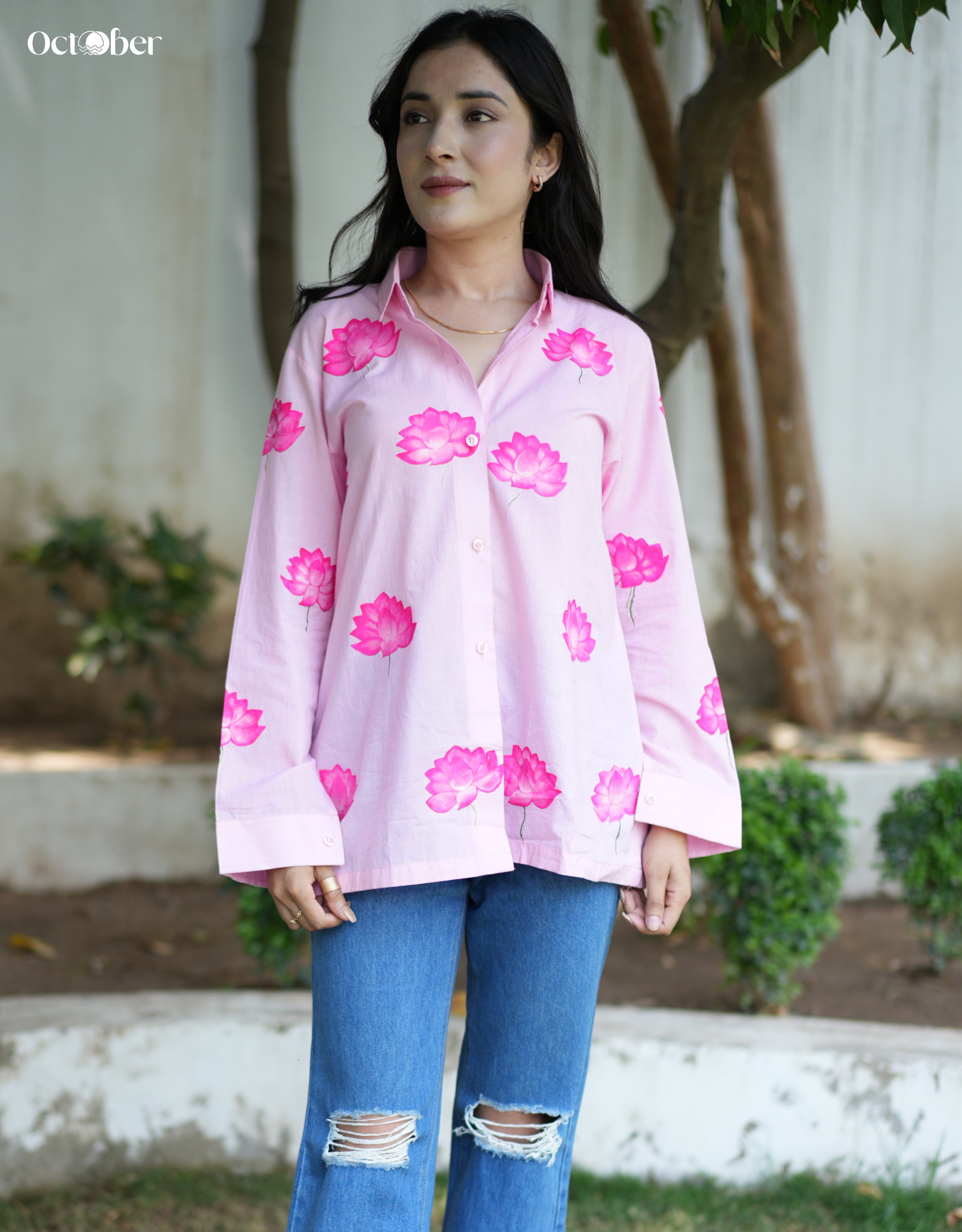 Blush Lotus Handpainted Cotton Shirt