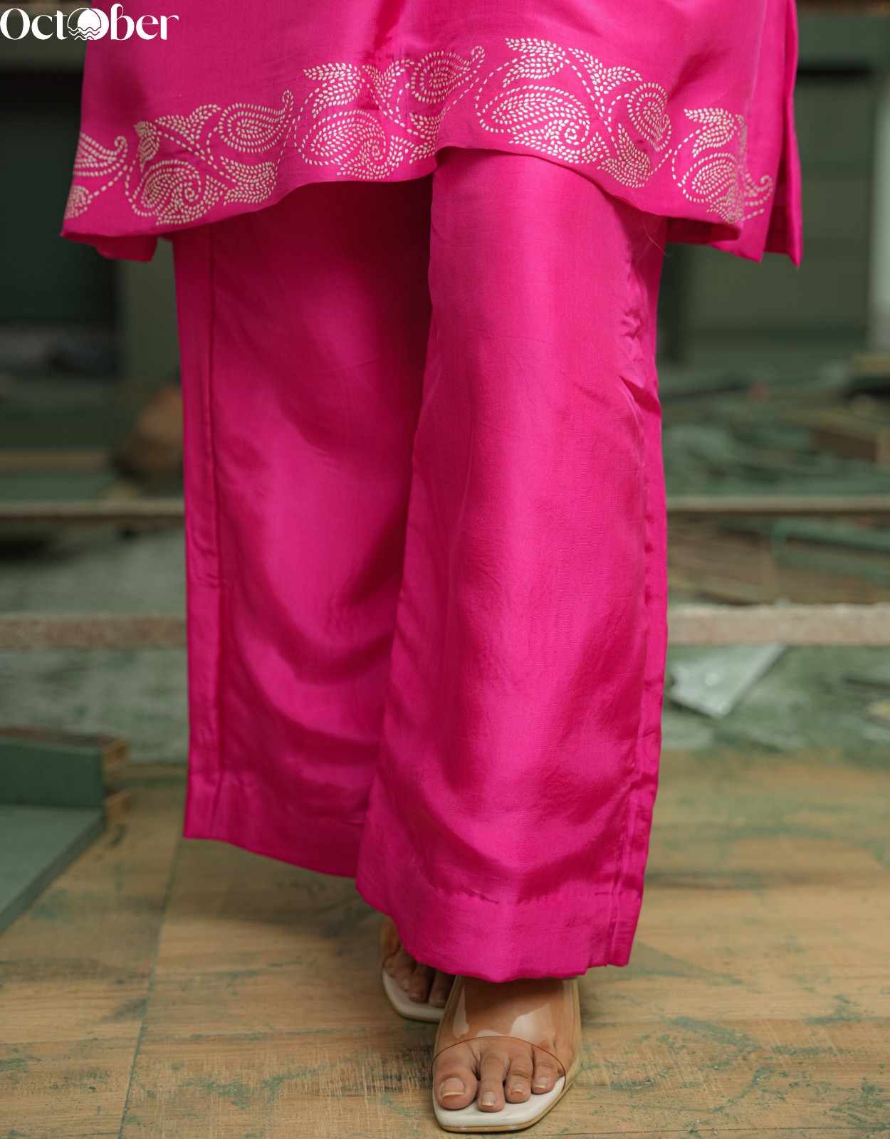 Fuchsia Silk Co-Ord Set in Real Silver Work