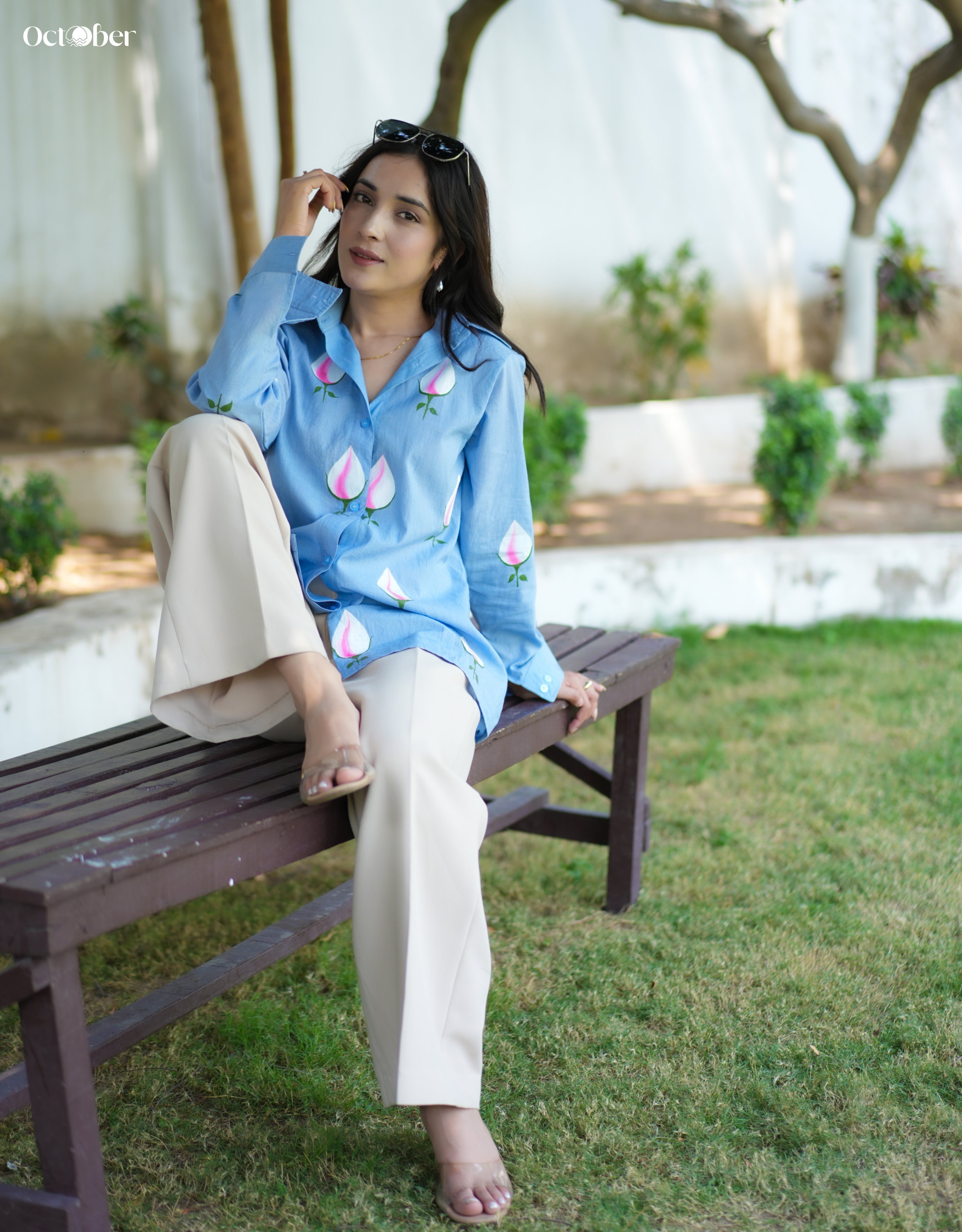 Sky Cotton Shirt With Handpainted Tulips