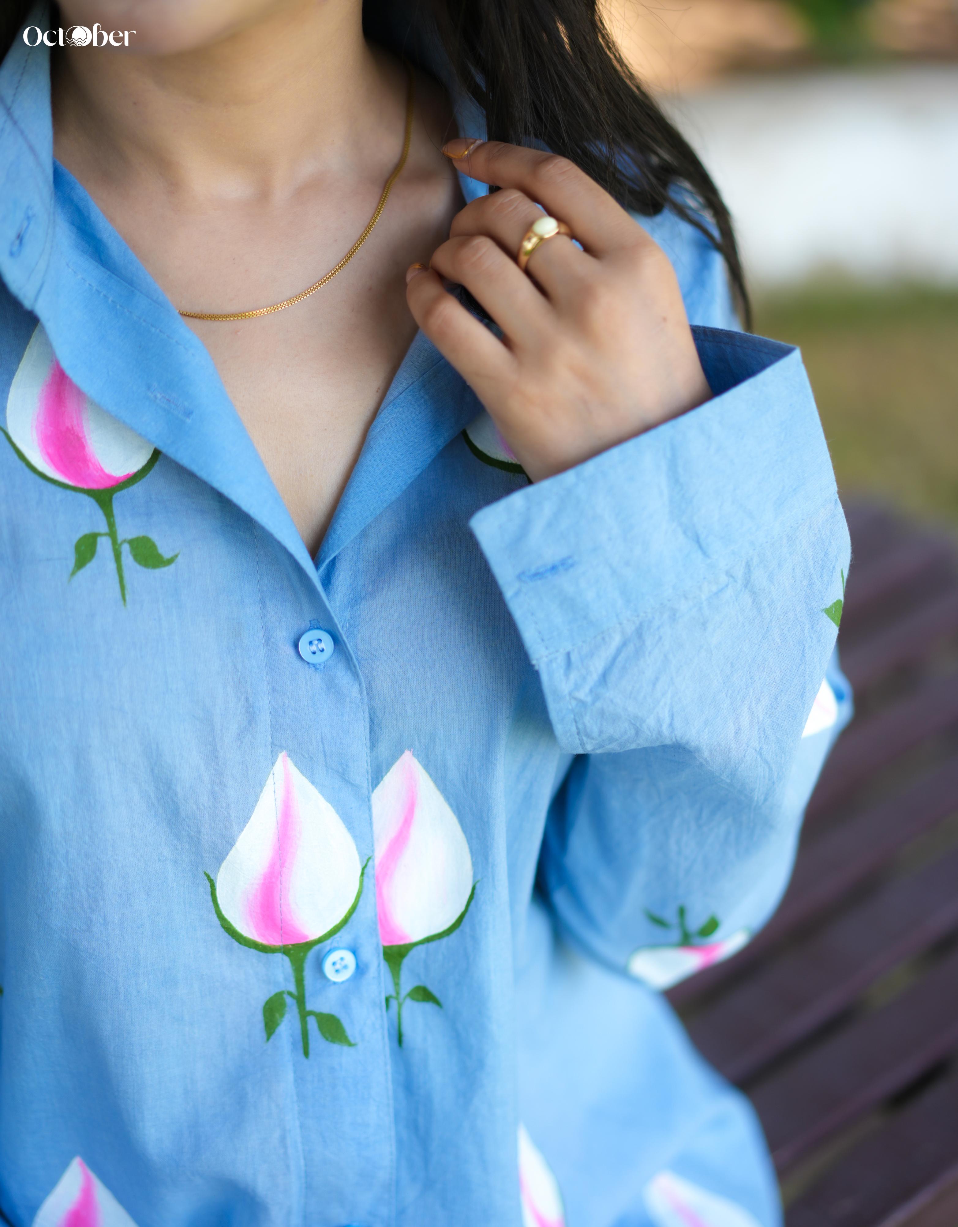Sky Cotton Shirt With Handpainted Tulips