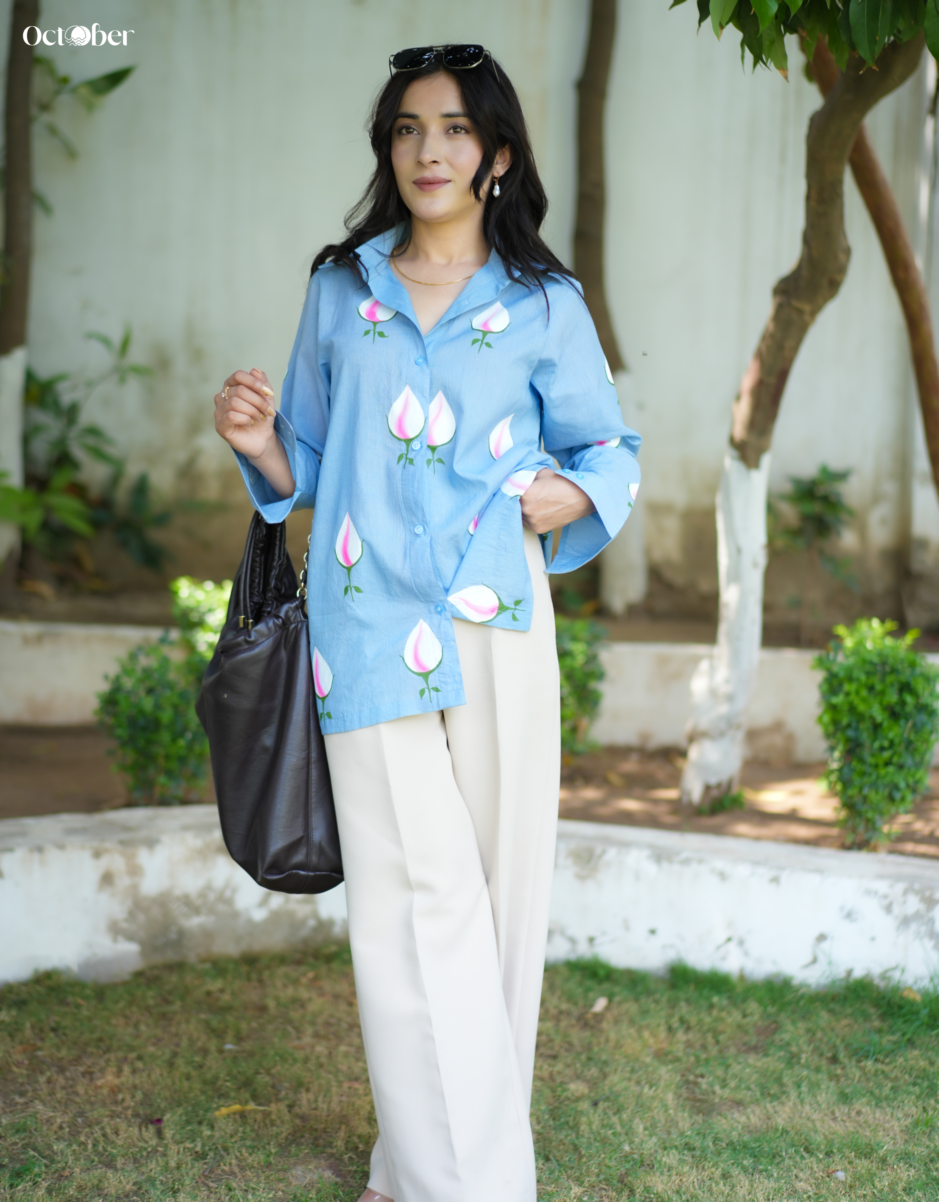 Sky Cotton Shirt With Handpainted Tulips
