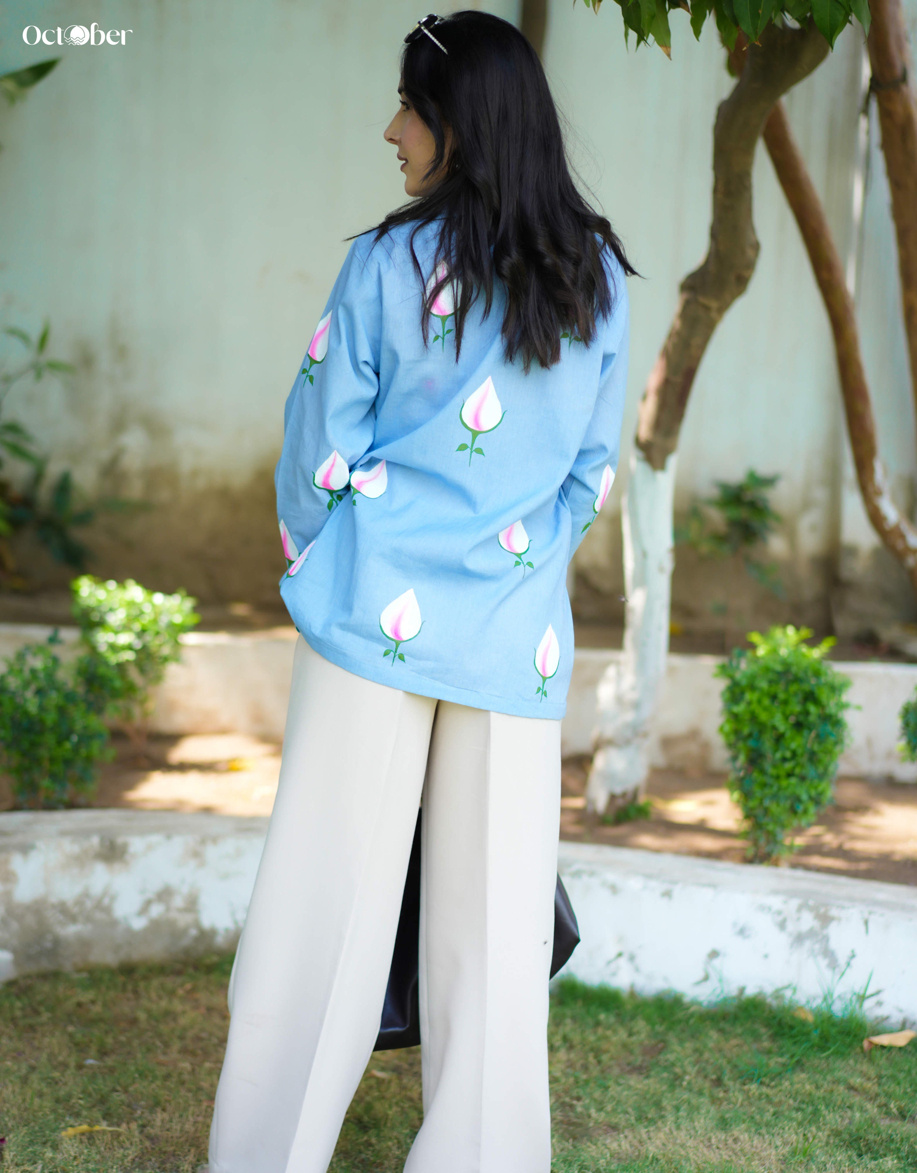 Sky Cotton Shirt With Handpainted Tulips