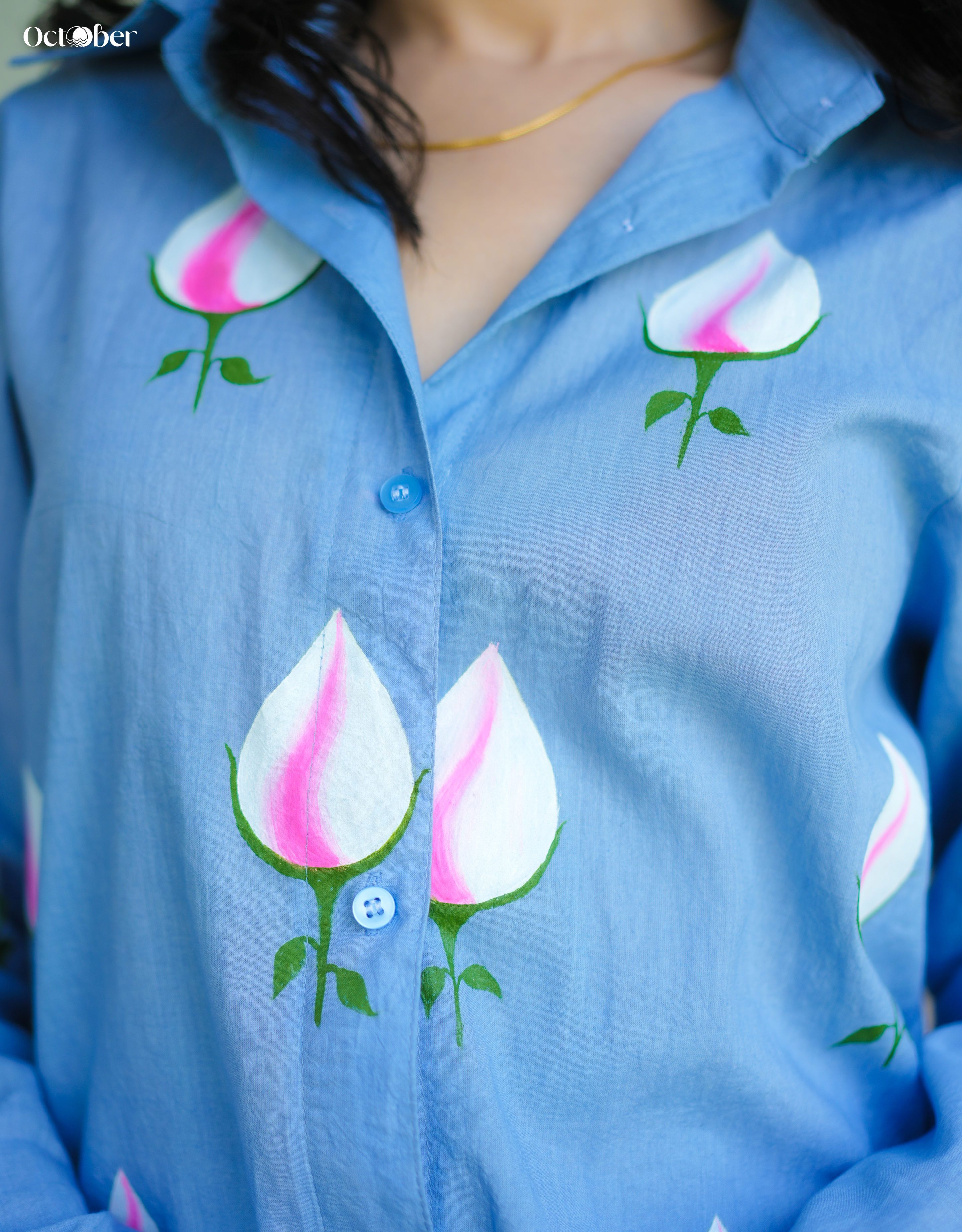 Sky Cotton Shirt With Handpainted Tulips