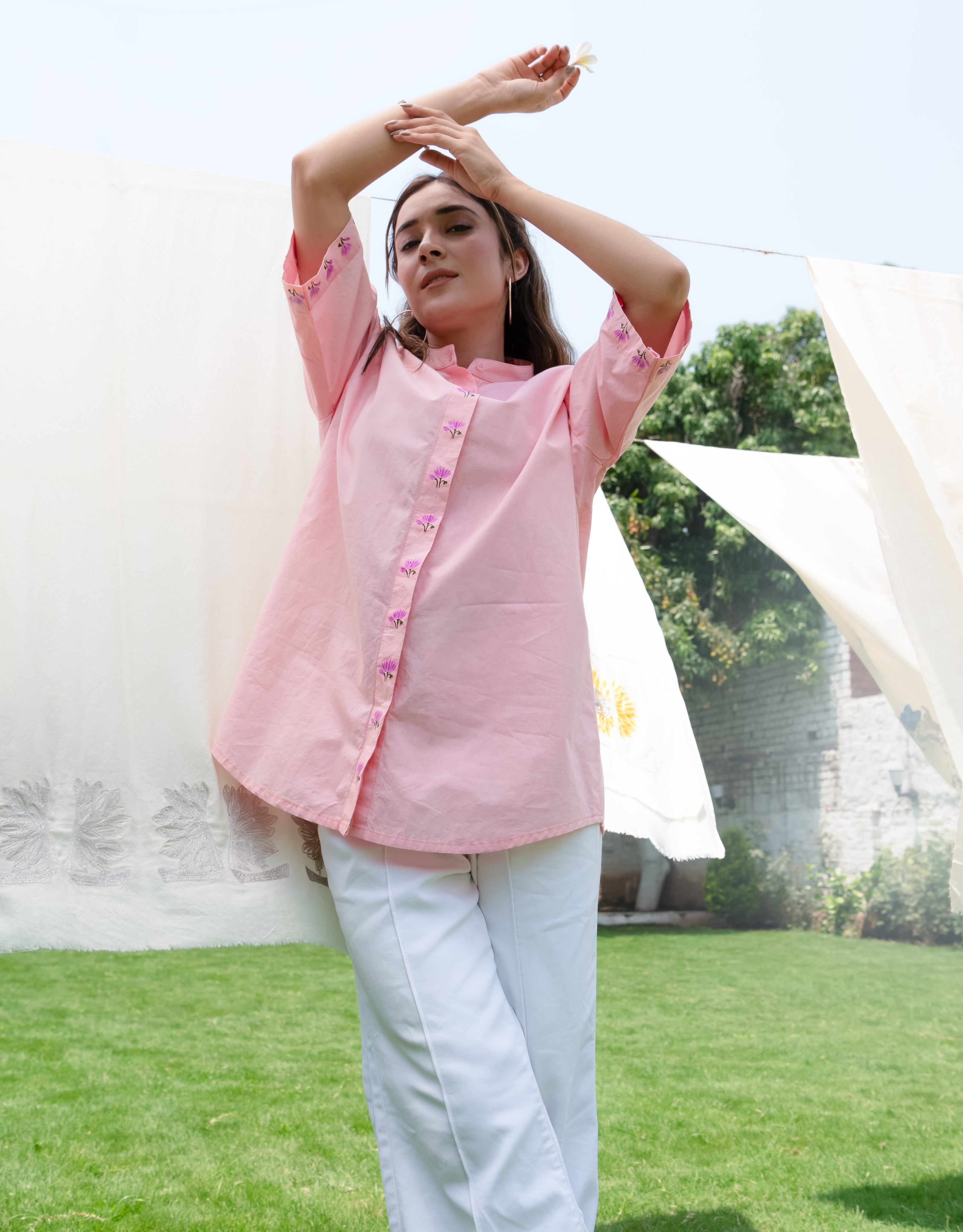 Blush Lotus Handpainted Cotton Shirt with Band Neck Collar