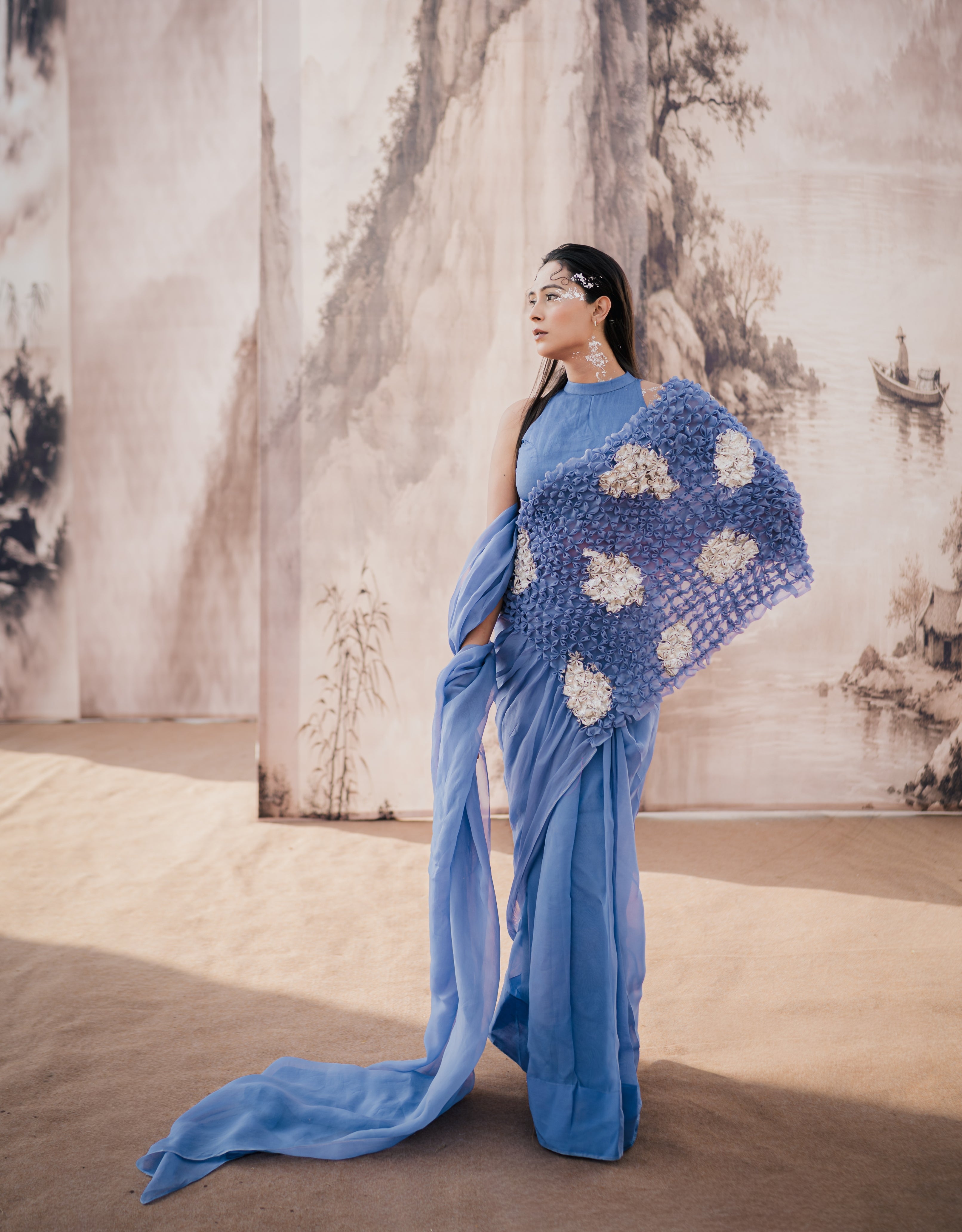 Forst Blue Smocked Silver Printed Organza Saree