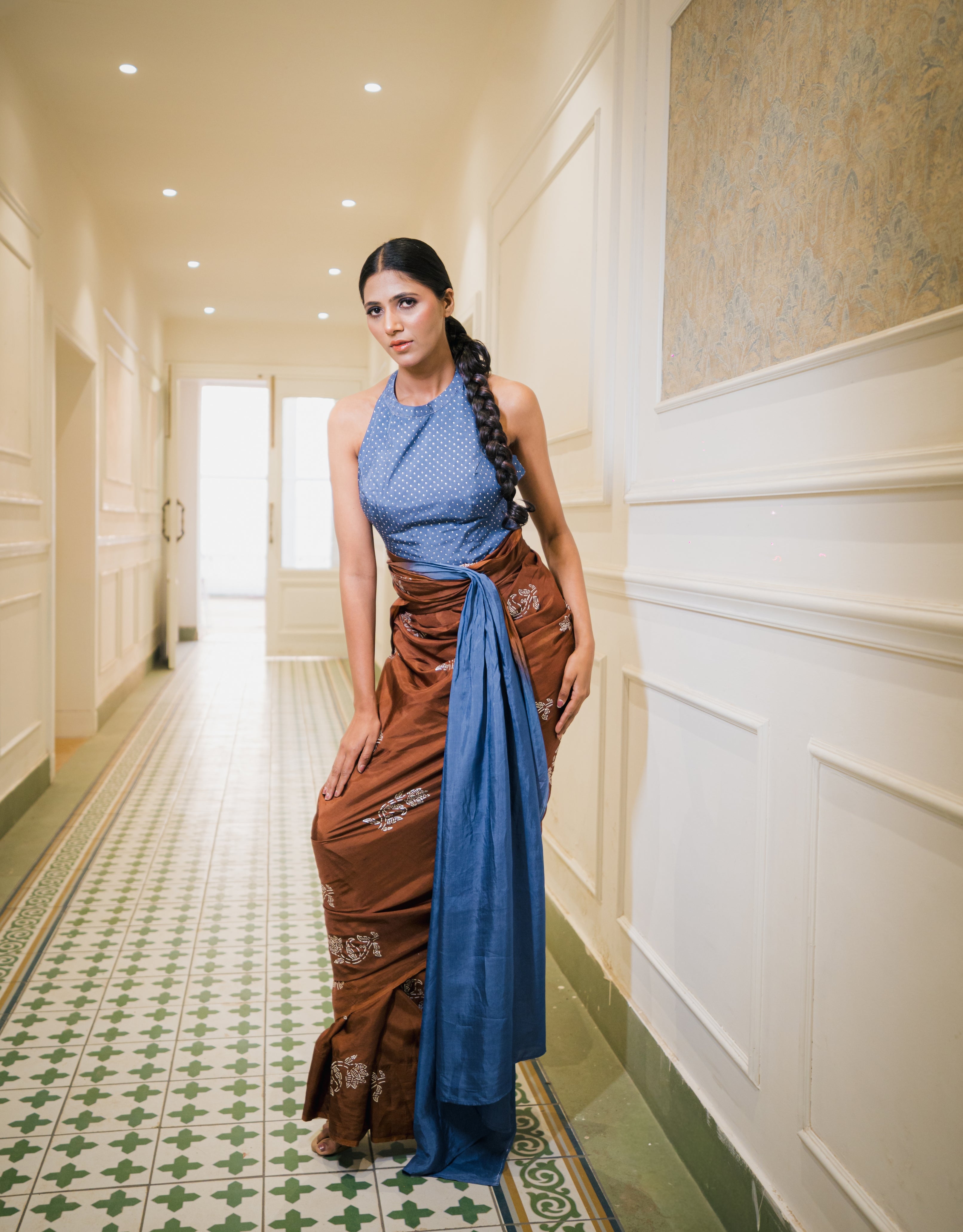 Chocolate Sapphire Silver Printed Habutai Silk Saree