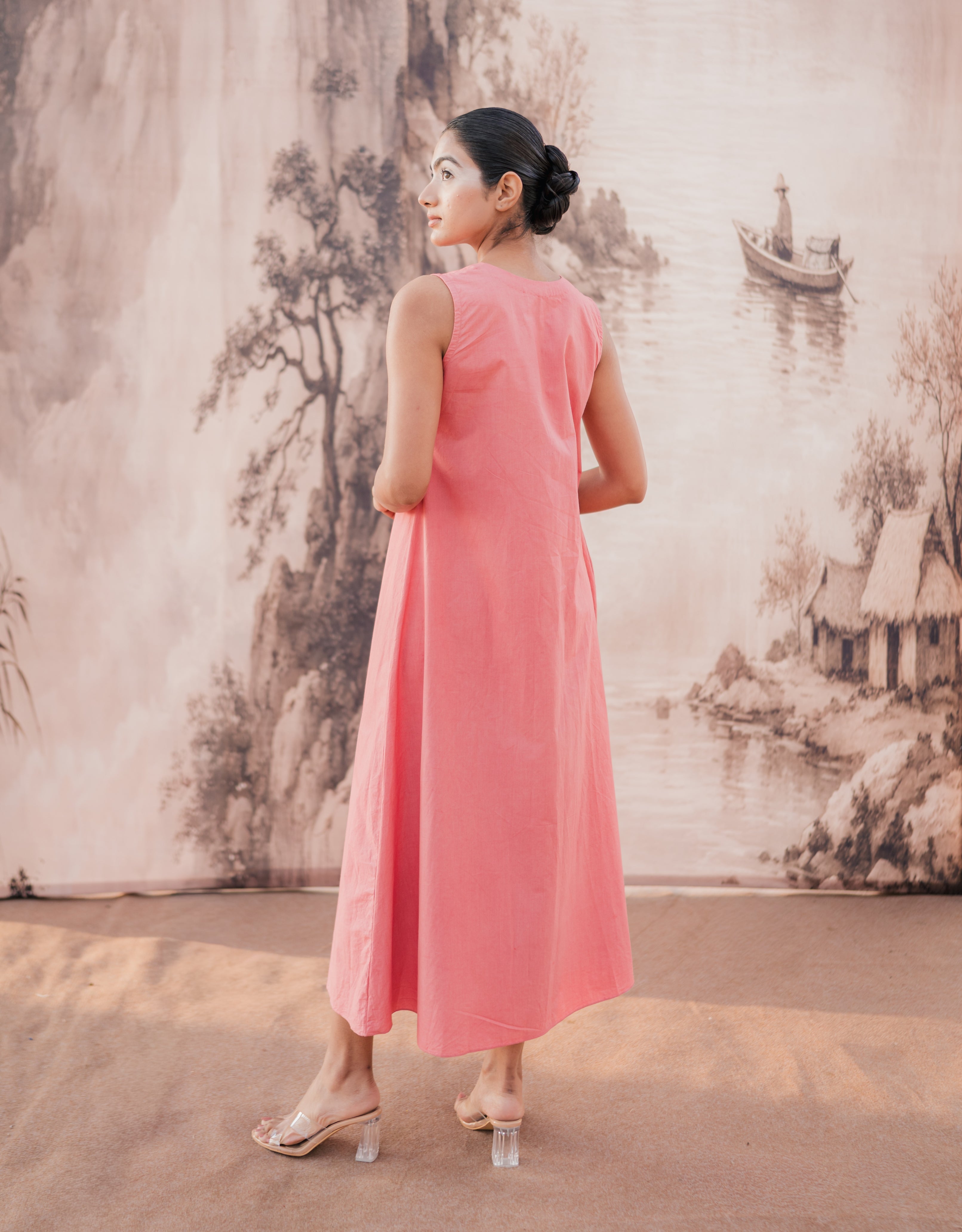 Blush Embroidered & Handpainted Anghrakha Cotton Dress