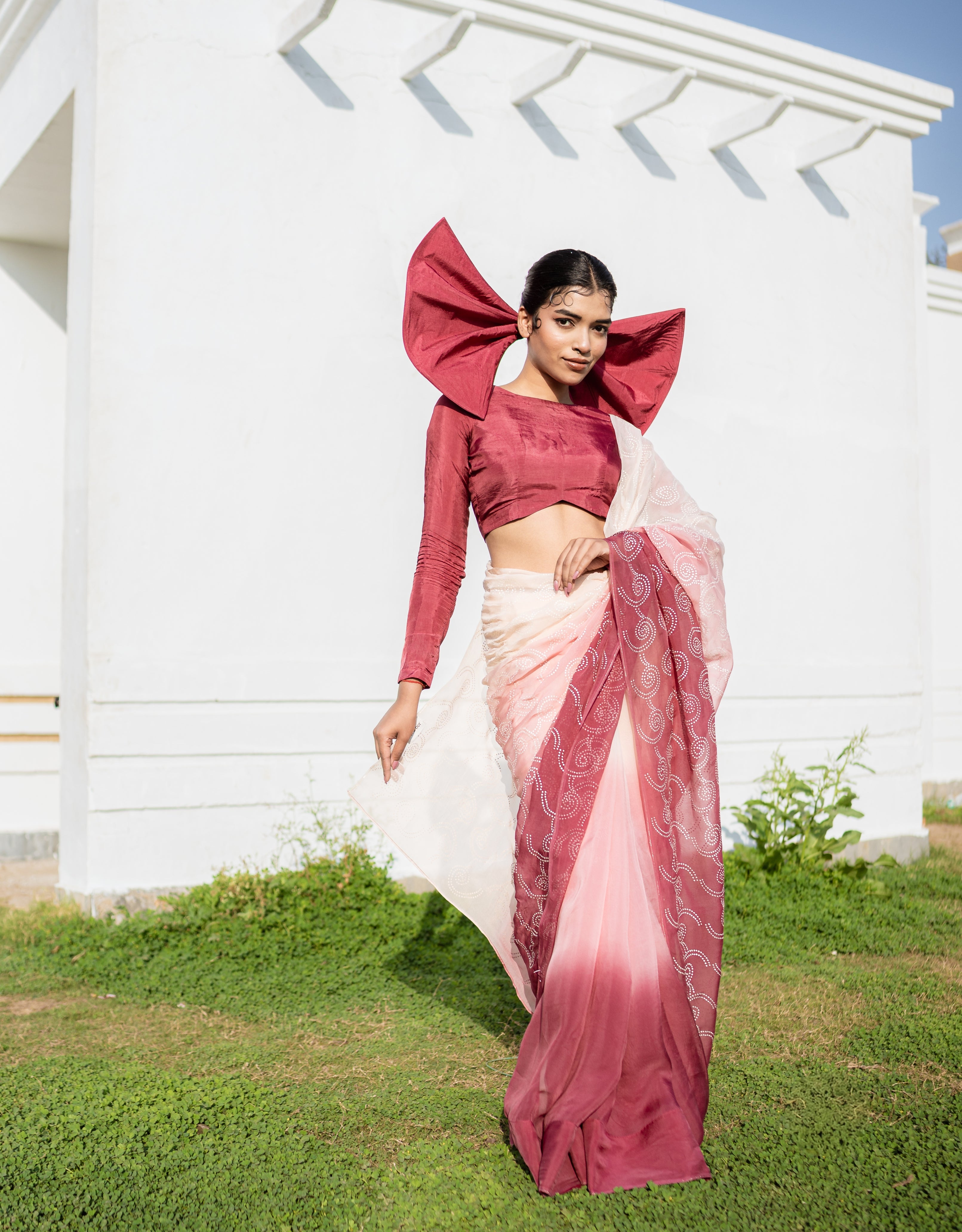 Burgundy Blush Silver Printed Organza Saree