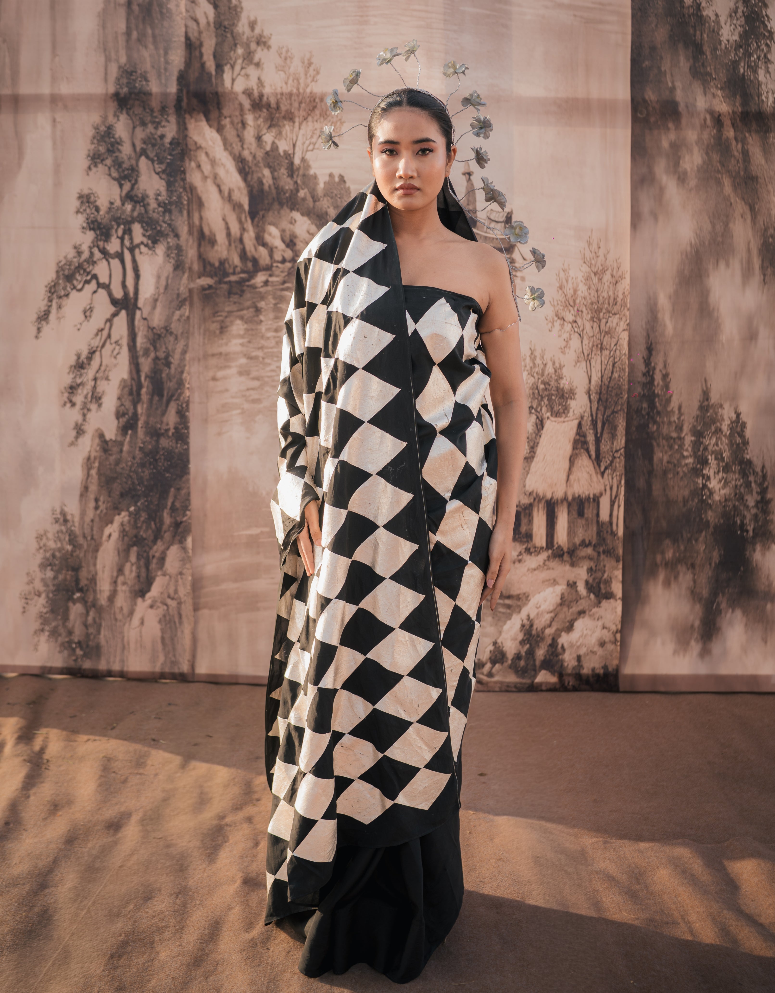 Burfi Tukda Silver Printed Habutai Silk Saree