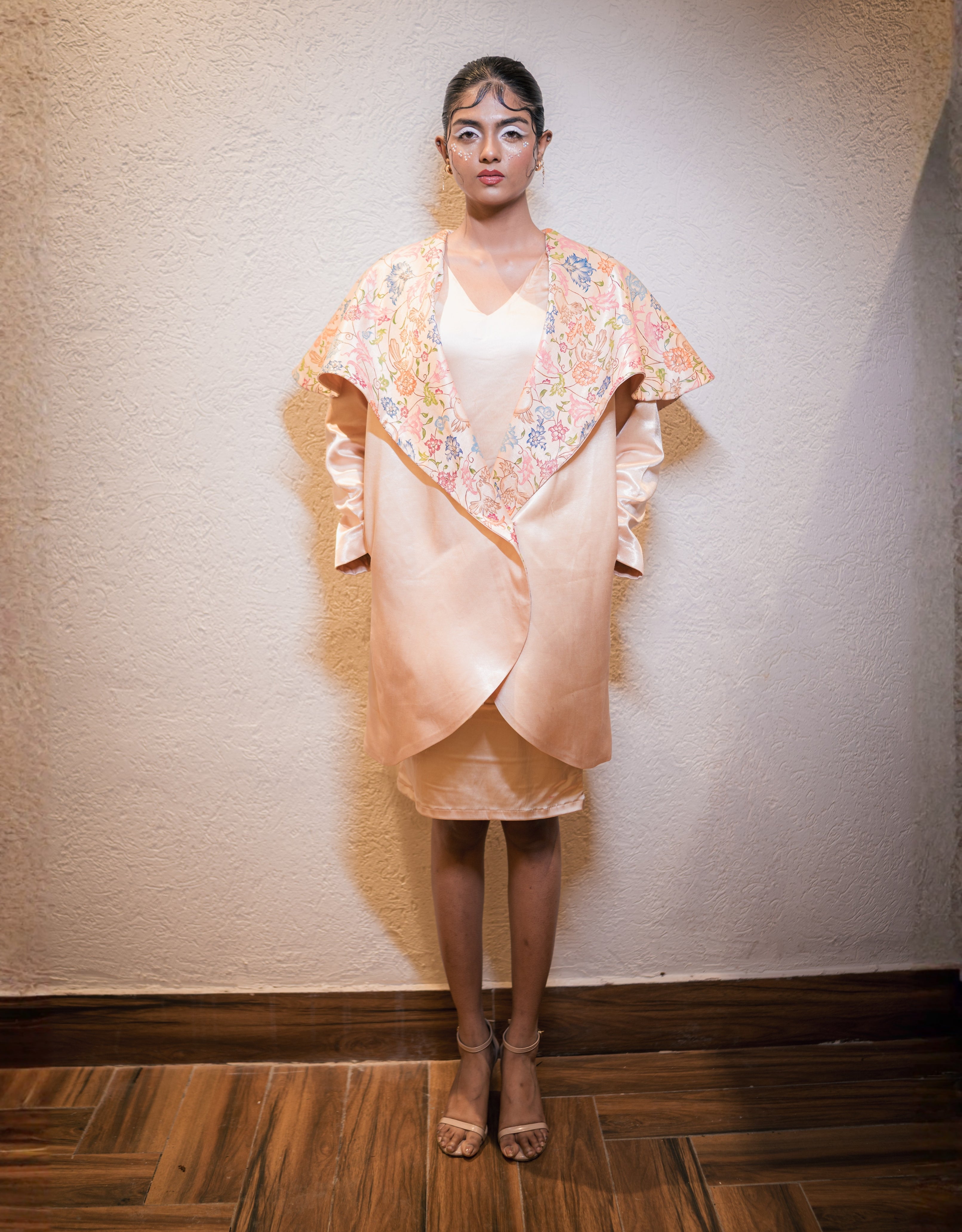 Champagne Handpainted Mashru Cape Collar Coat
