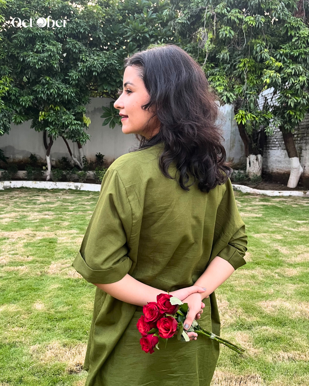 Green Pure Cotton Shirt - Pocket full of Flowers (Flowers, Fragrances and More)