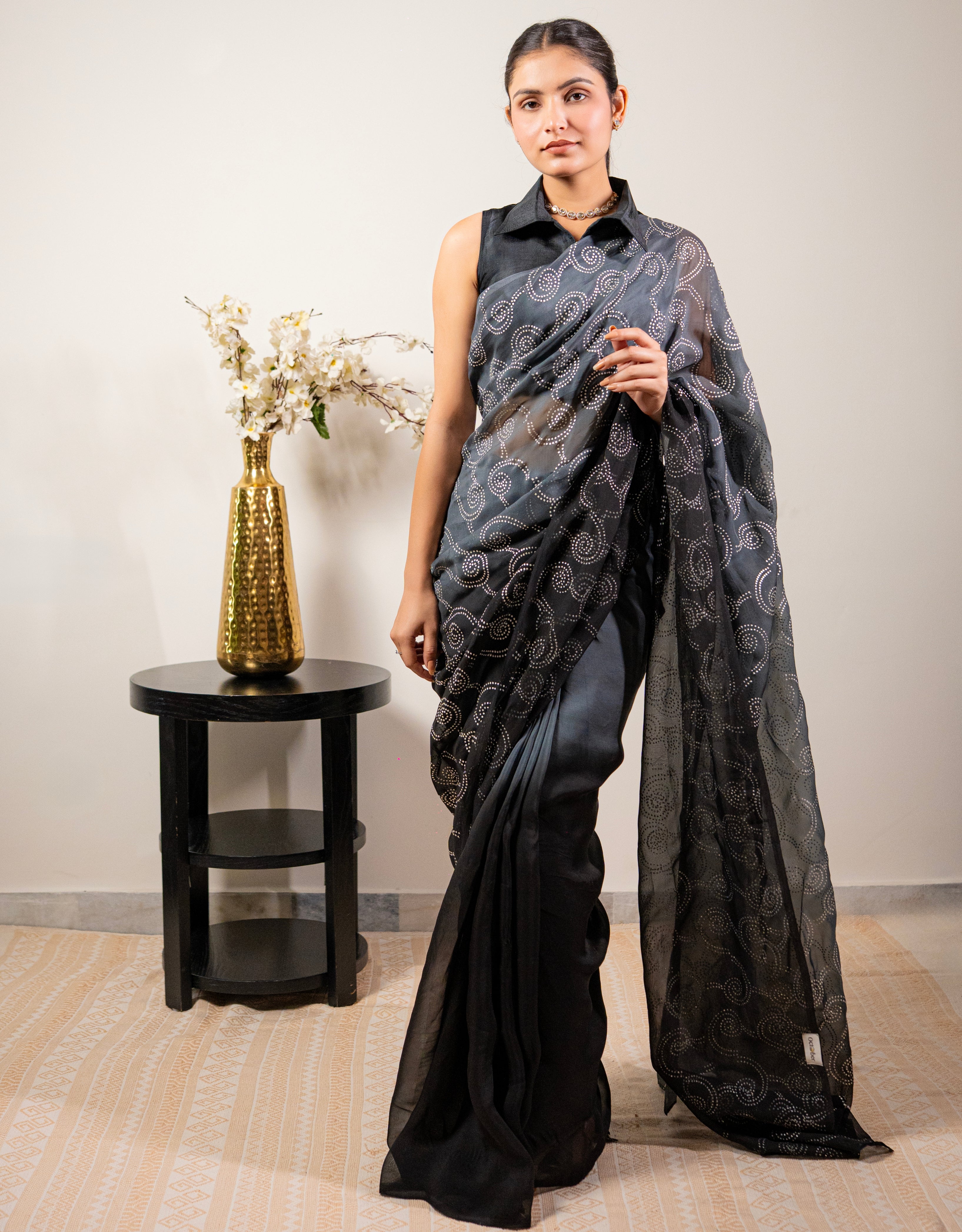 Smoke Clouds Real Silver Organza Saree