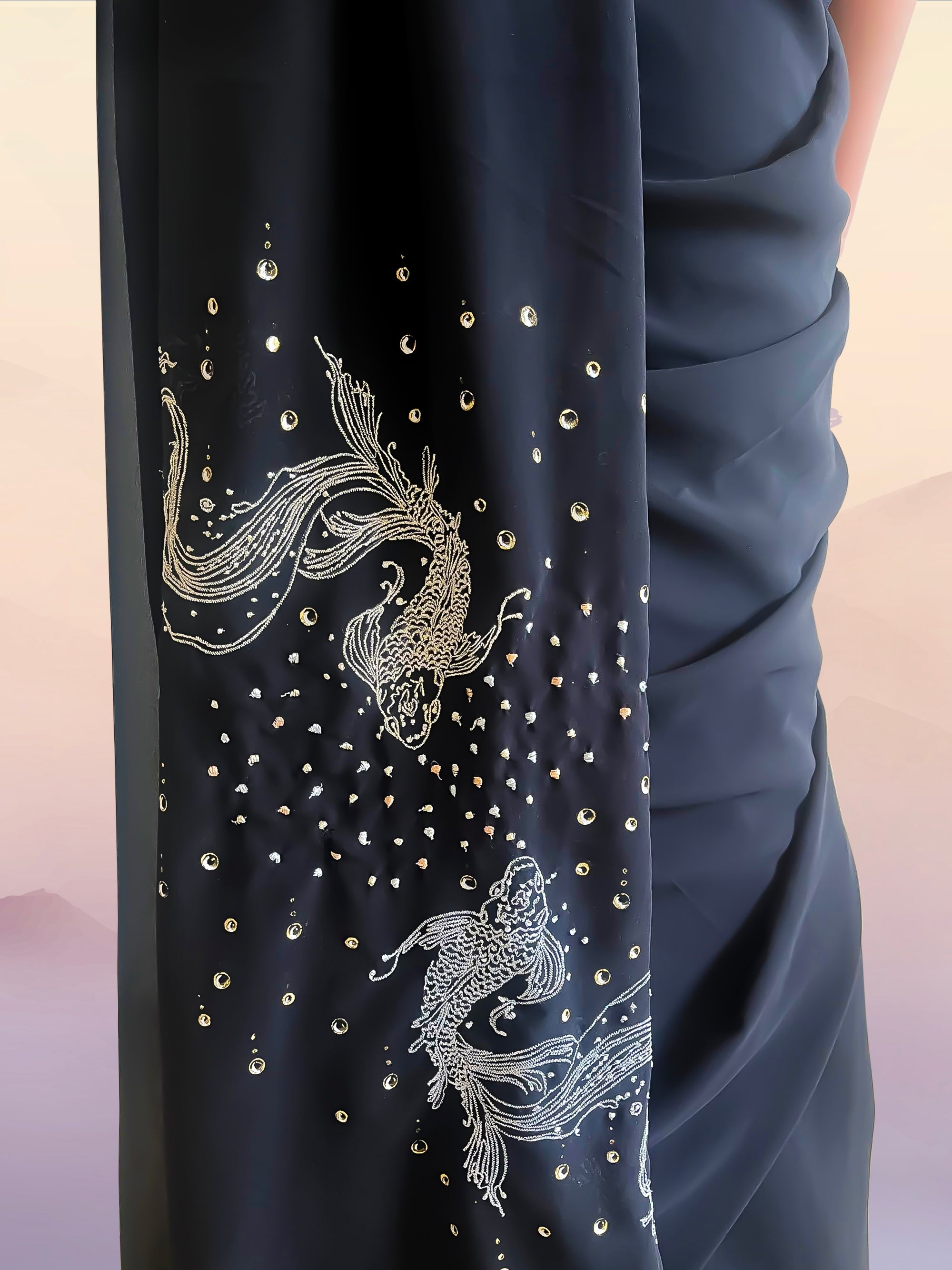 Black Georgette Hand-Painted & Embroidered Saree - Bubble & Dreams (October Summers)