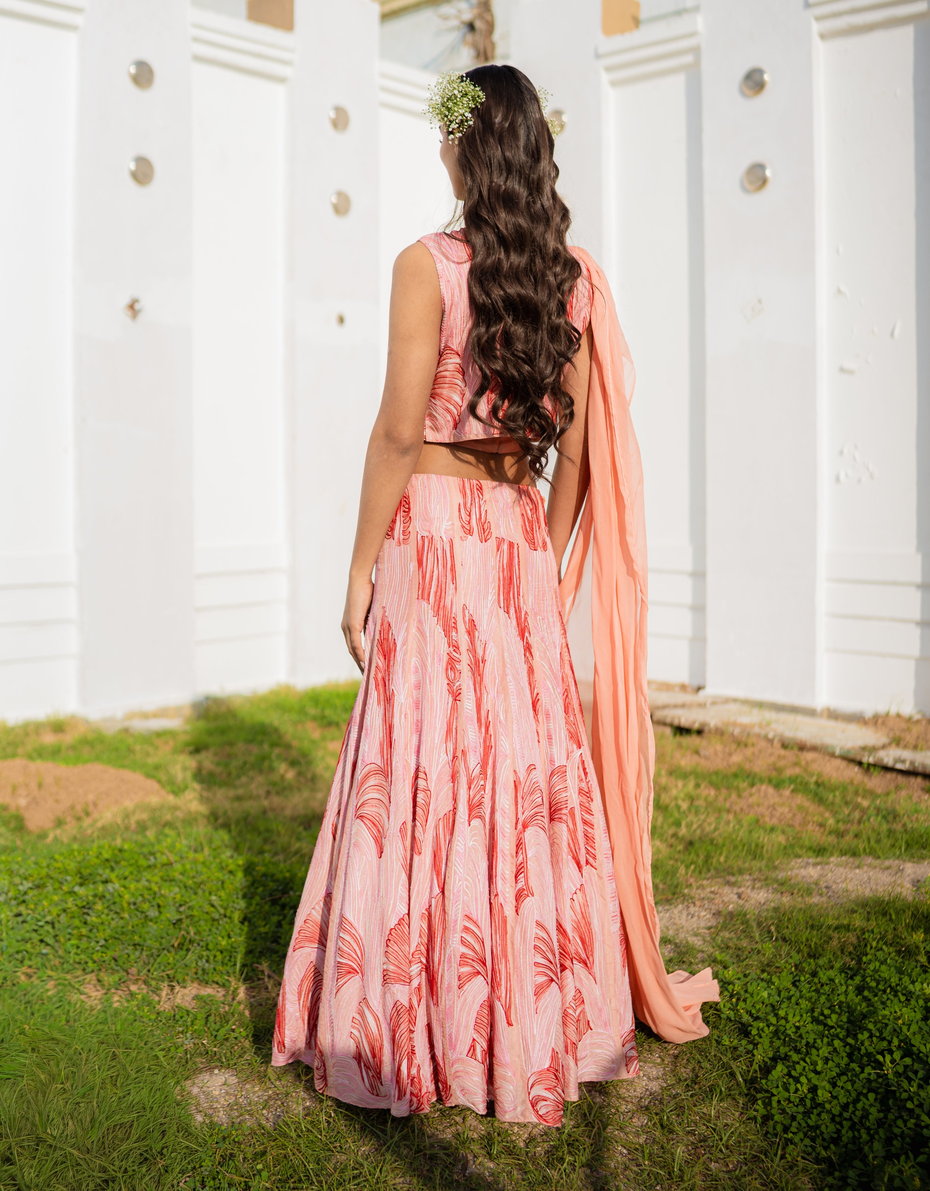 Peachy Embroidered Lehenga Saree Set