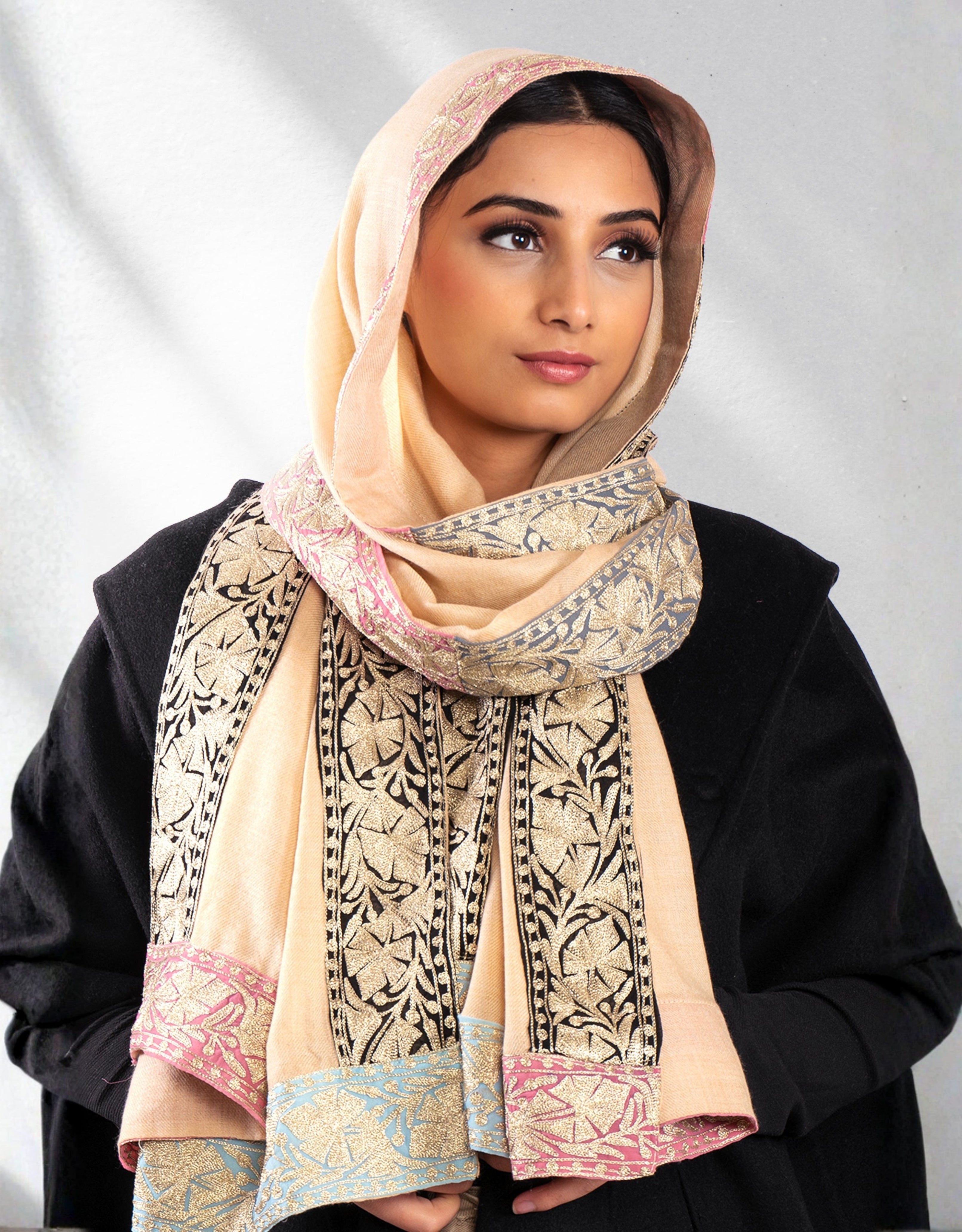 Coloring Boundaries in Pashmina-Embroidered Stole with Earthy Tones and Ornate Borders in Beige