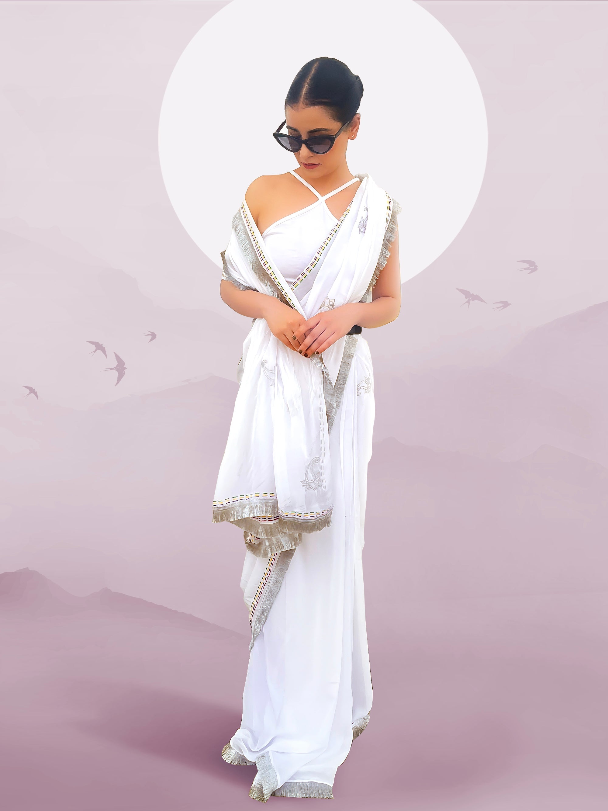White Georgette Hand- Painted & Embroidered Saree - Paisley Print & more (October Summers)