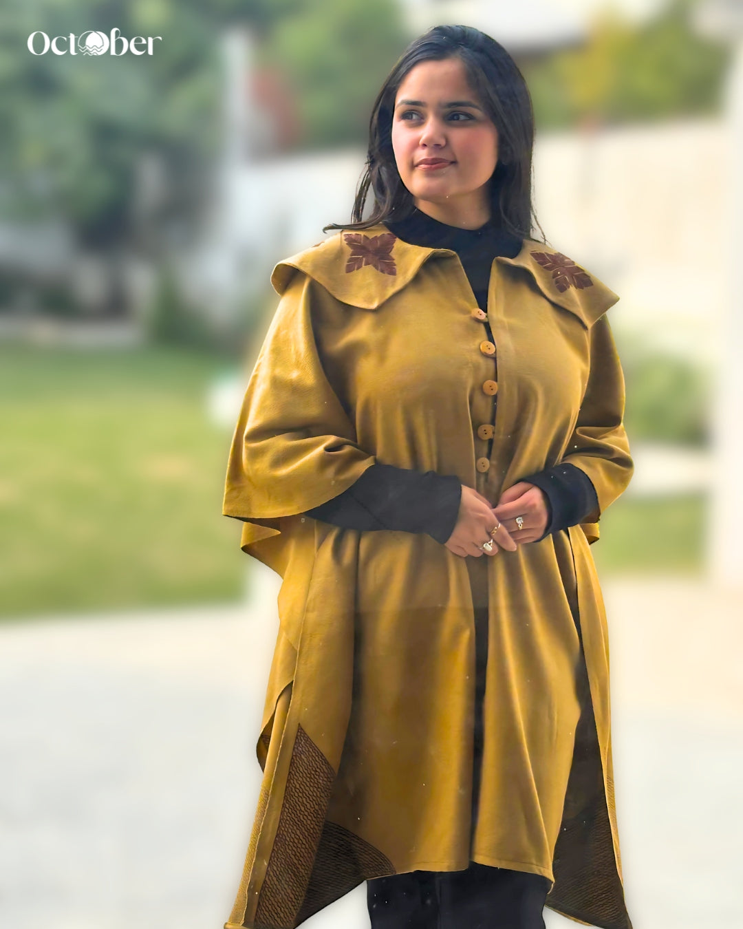 Olive Fine Wool Embroidered Cape - Cappadocia ( Around the World)