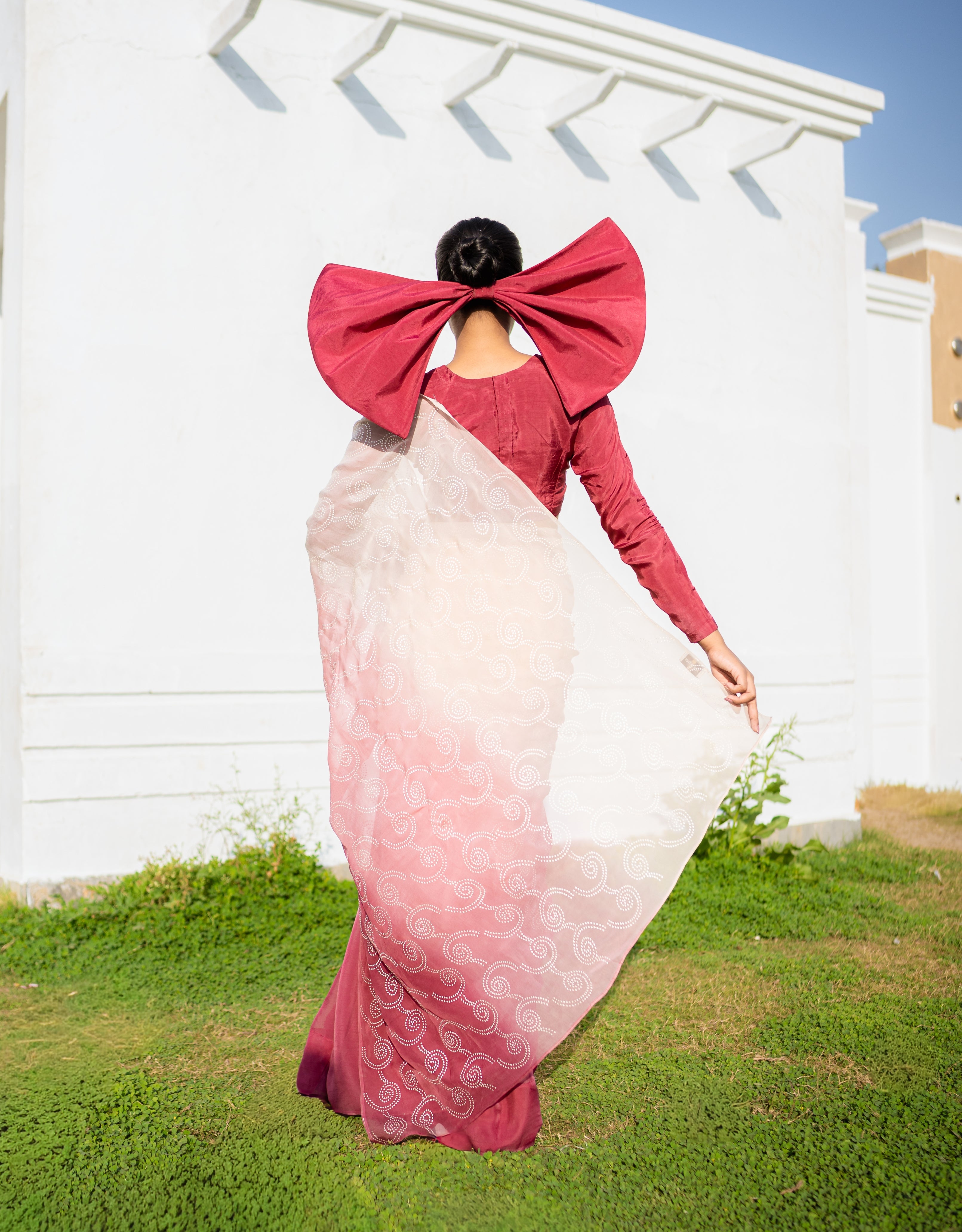 Burgundy Blush Silver Printed Organza Saree