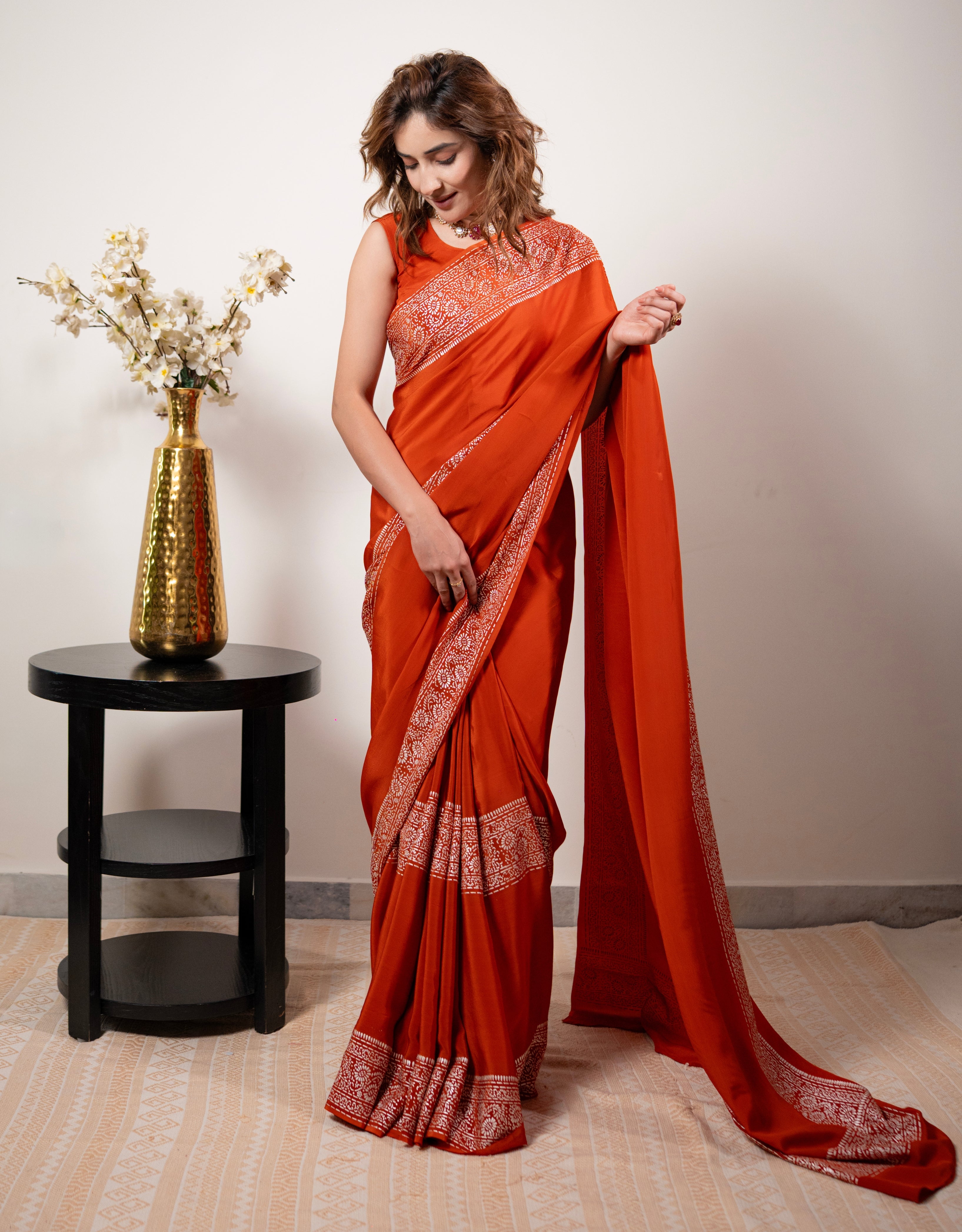 Burnt Orange Organic Crepe Real Silver Saree