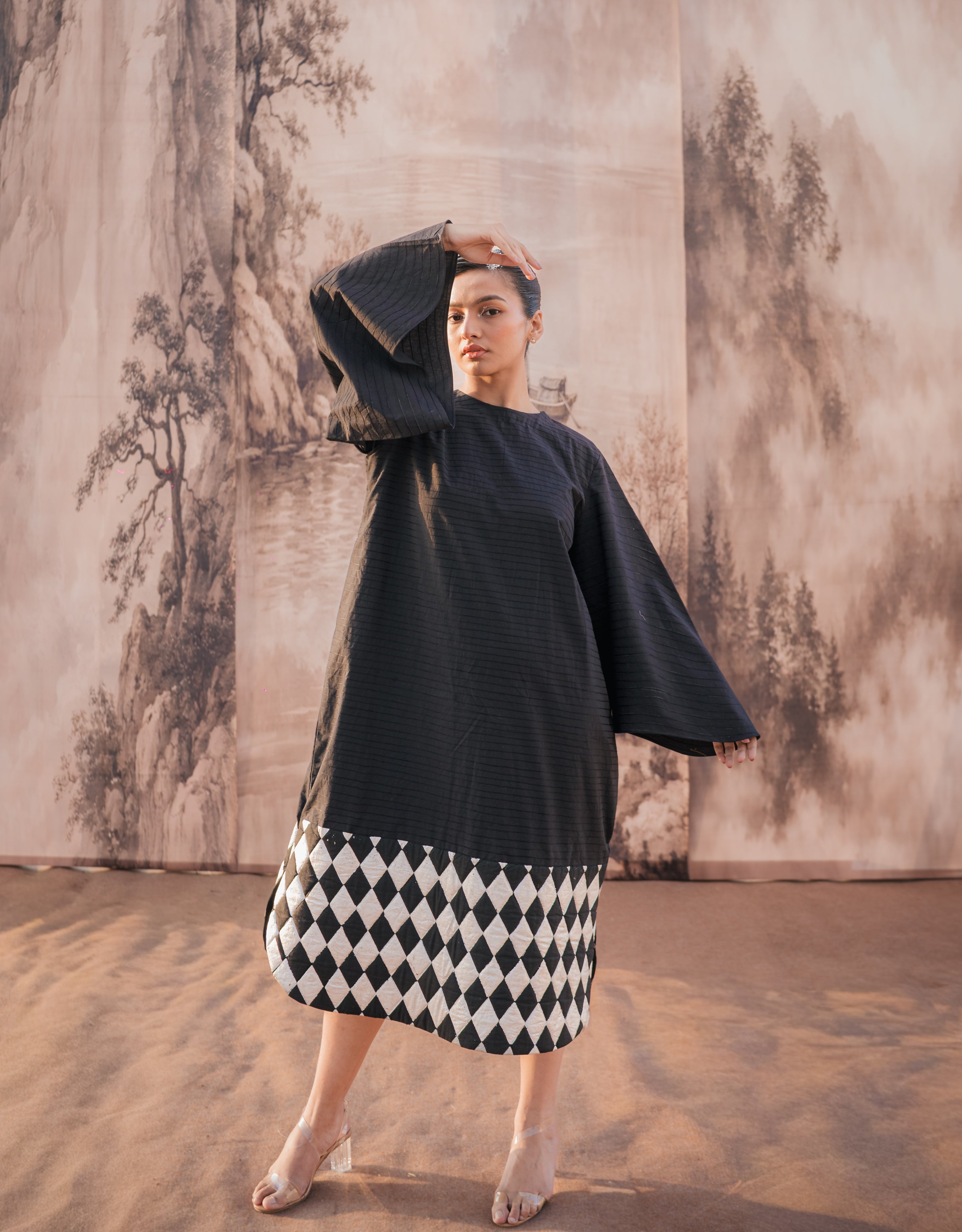 Charcoal Black Embroidered & Silver Printed Cotton Dress