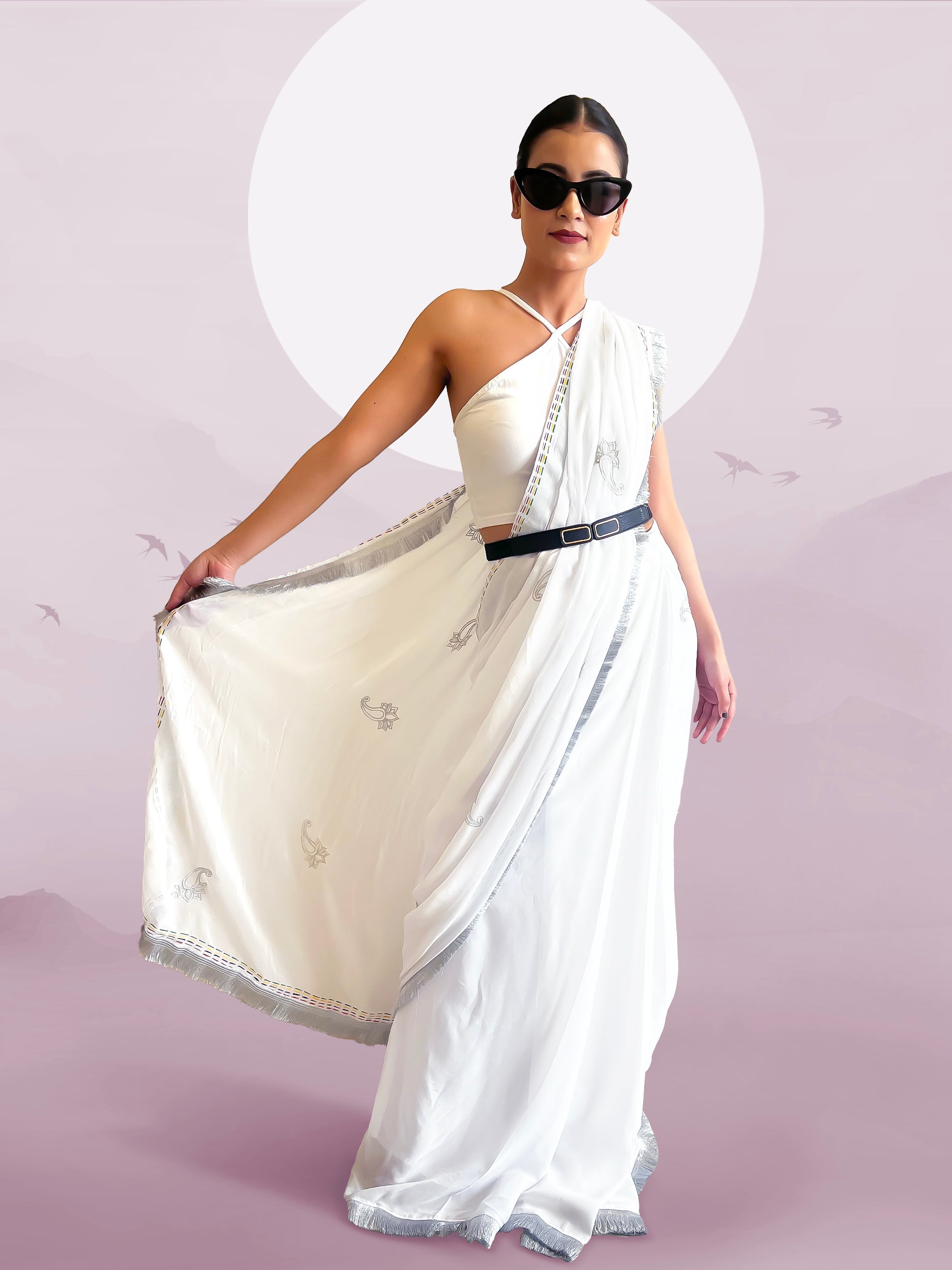 White Georgette Hand- Painted & Embroidered Saree - Paisley Print & more (October Summers)