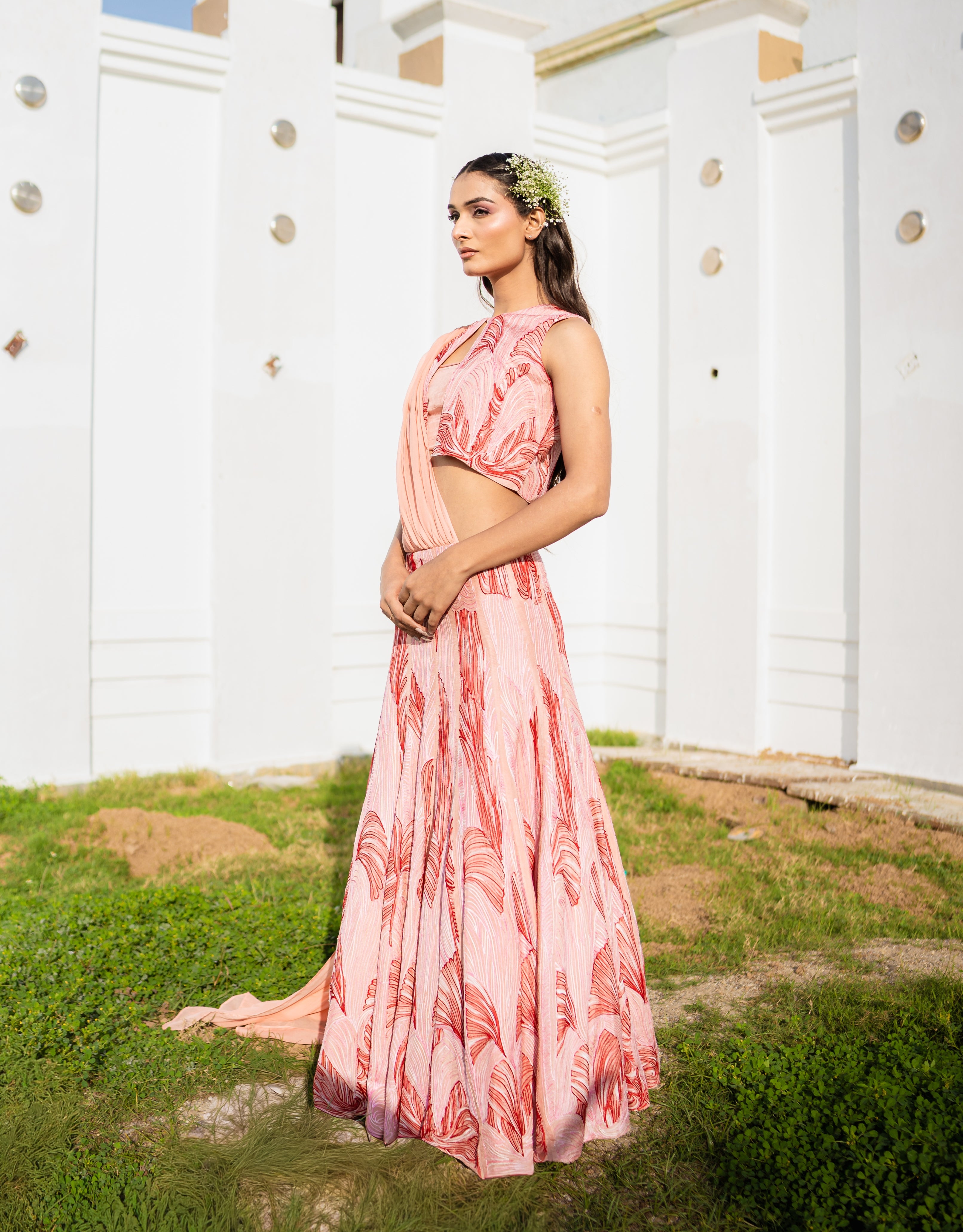 Peachy Embroidered Lehenga Saree Set