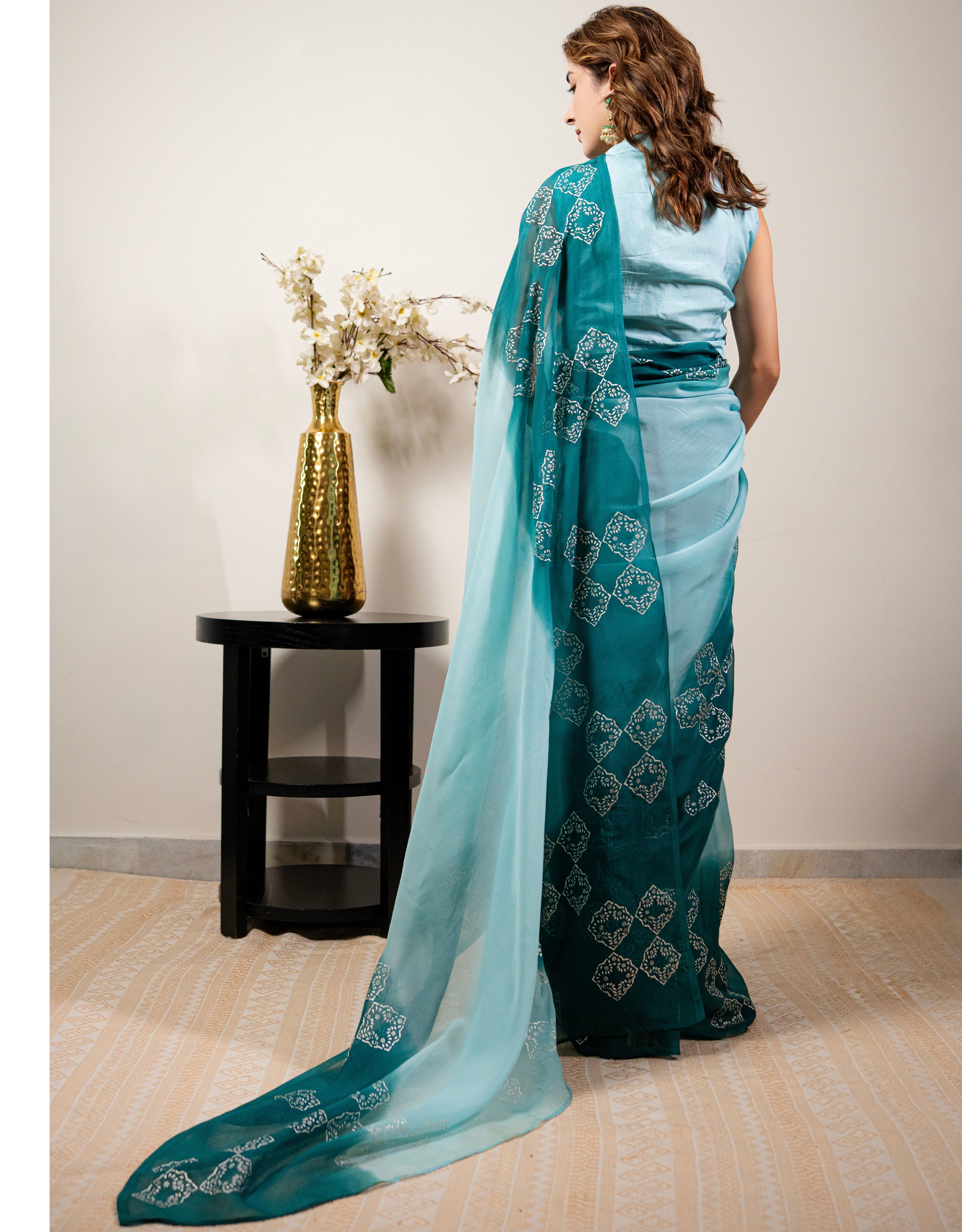 Turquoise Real Silver Organza Saree