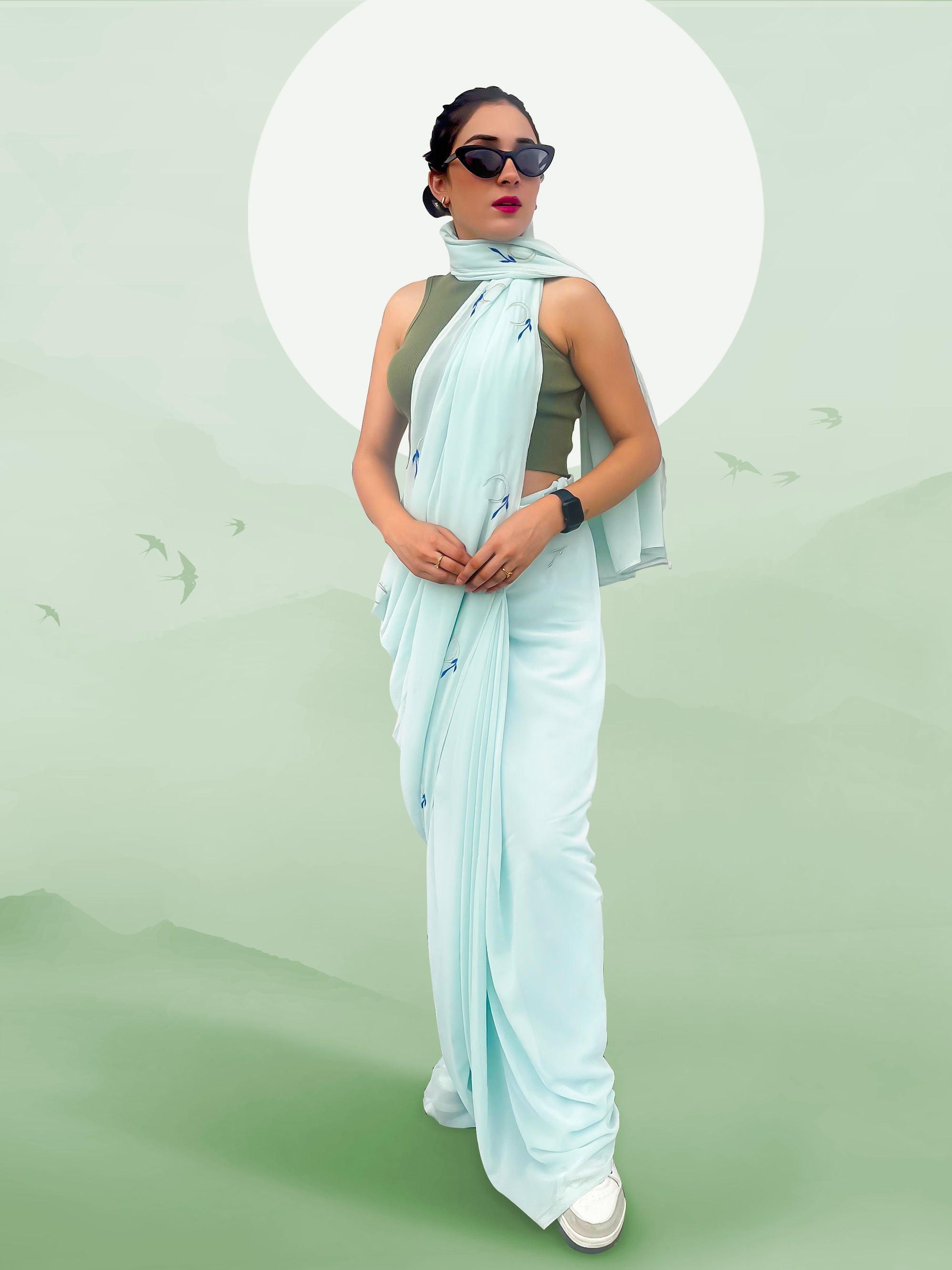 Mint Georgette Embroidered Saree - Moon, Mint & Leaves (October Summers)
