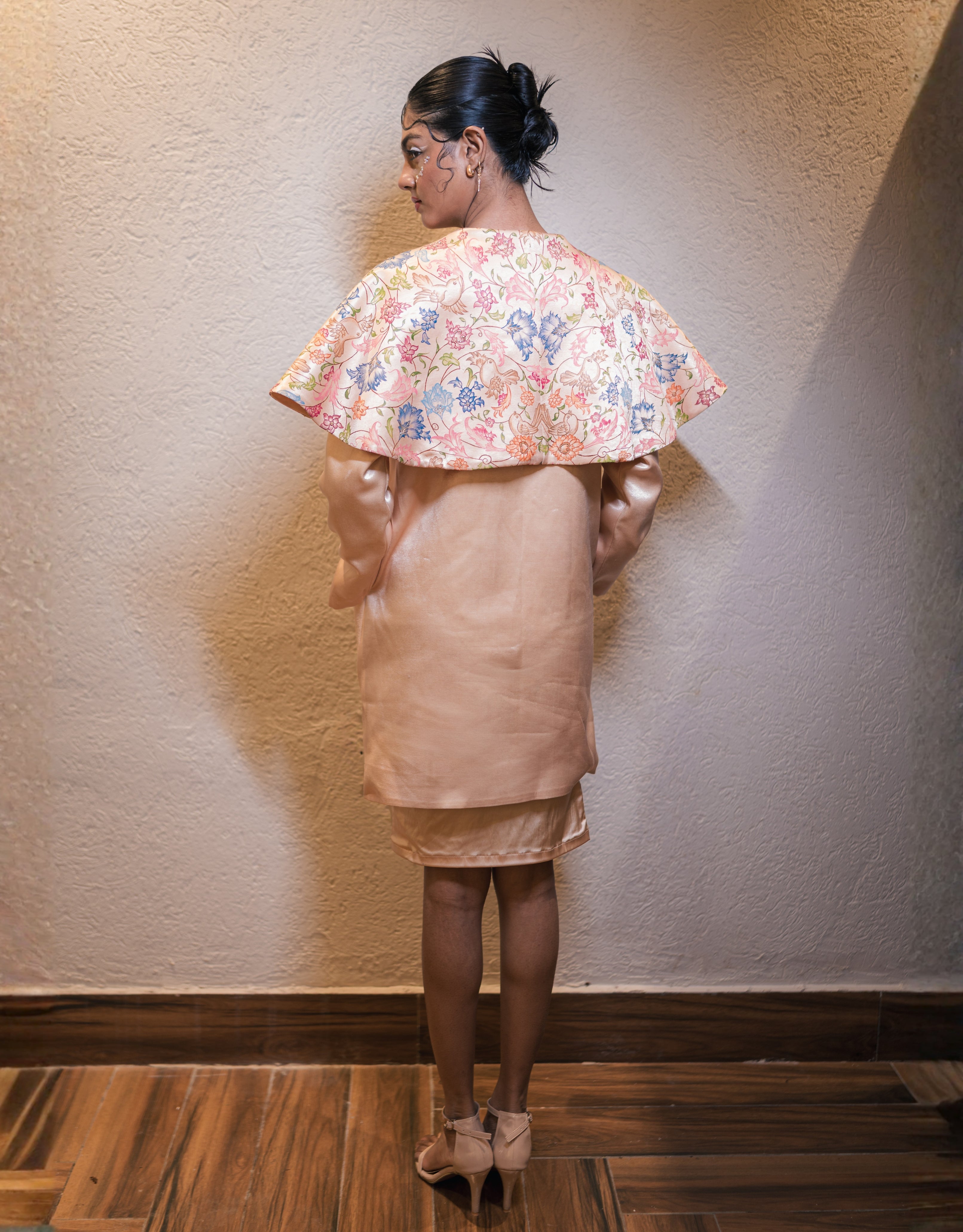 Champagne Handpainted Mashru Cape Collar Coat