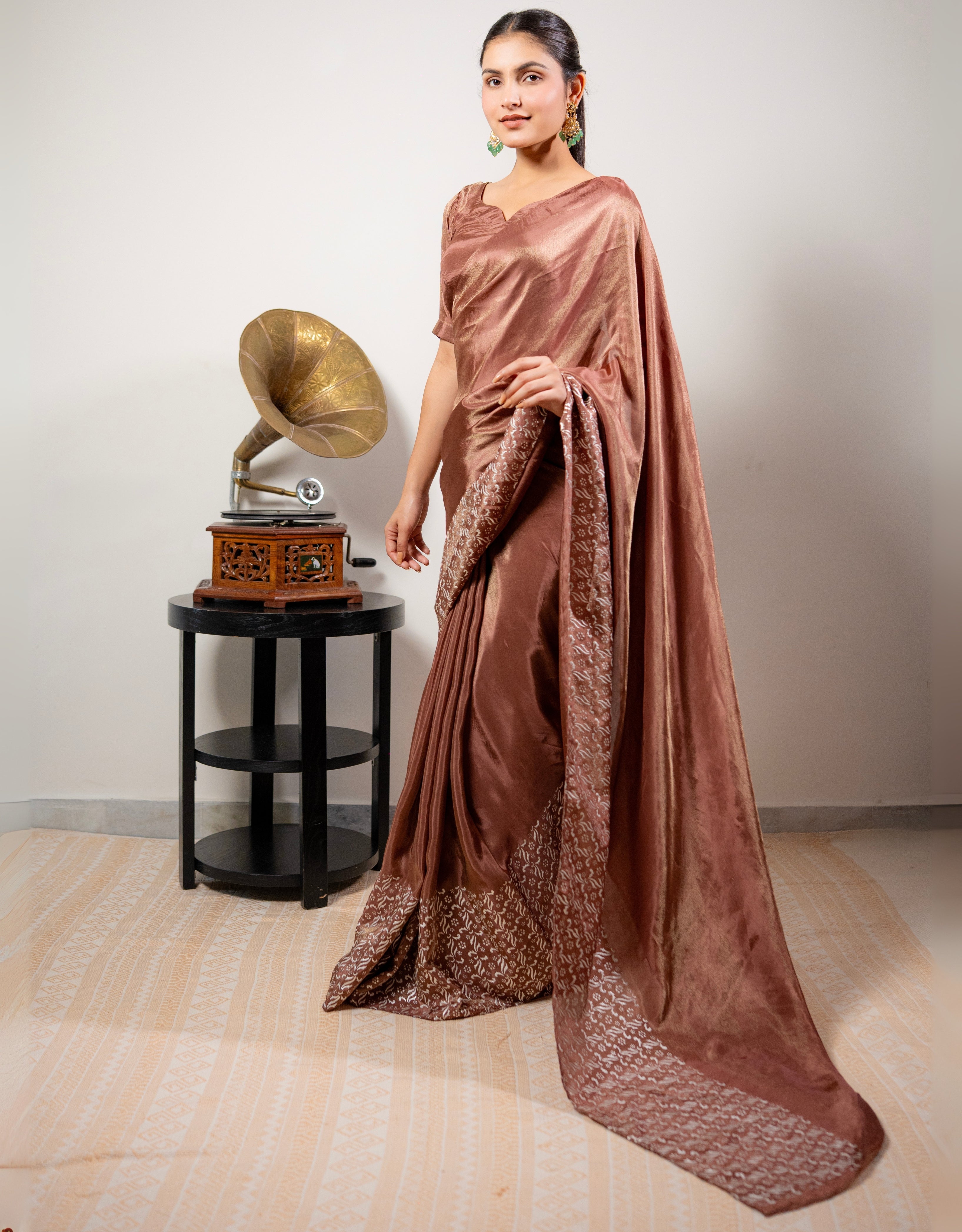 Cinnamon Real Silver Saree in Tissue Silk