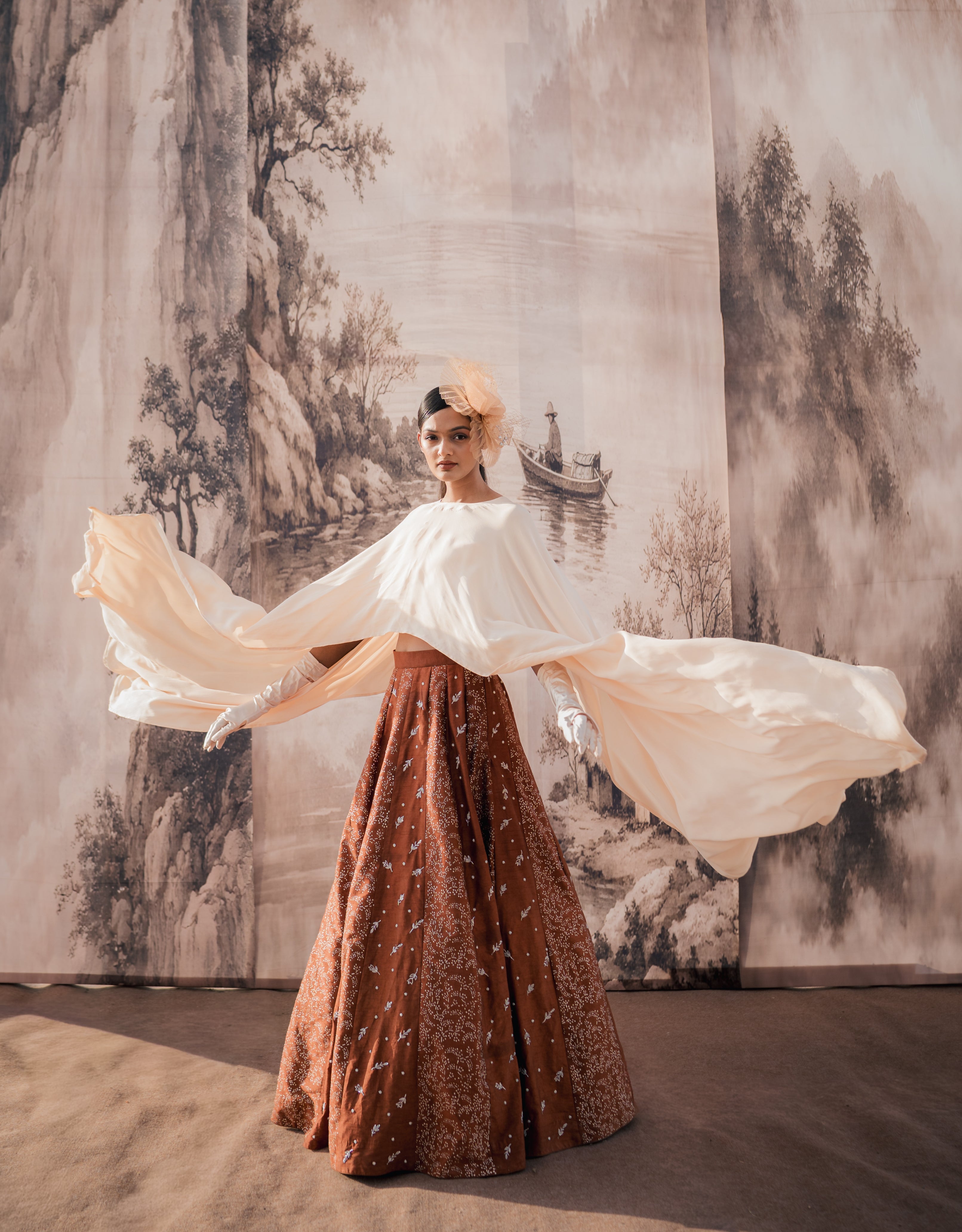 Chocolate Beige Silver Printed & Embroidered Skirt & Cape