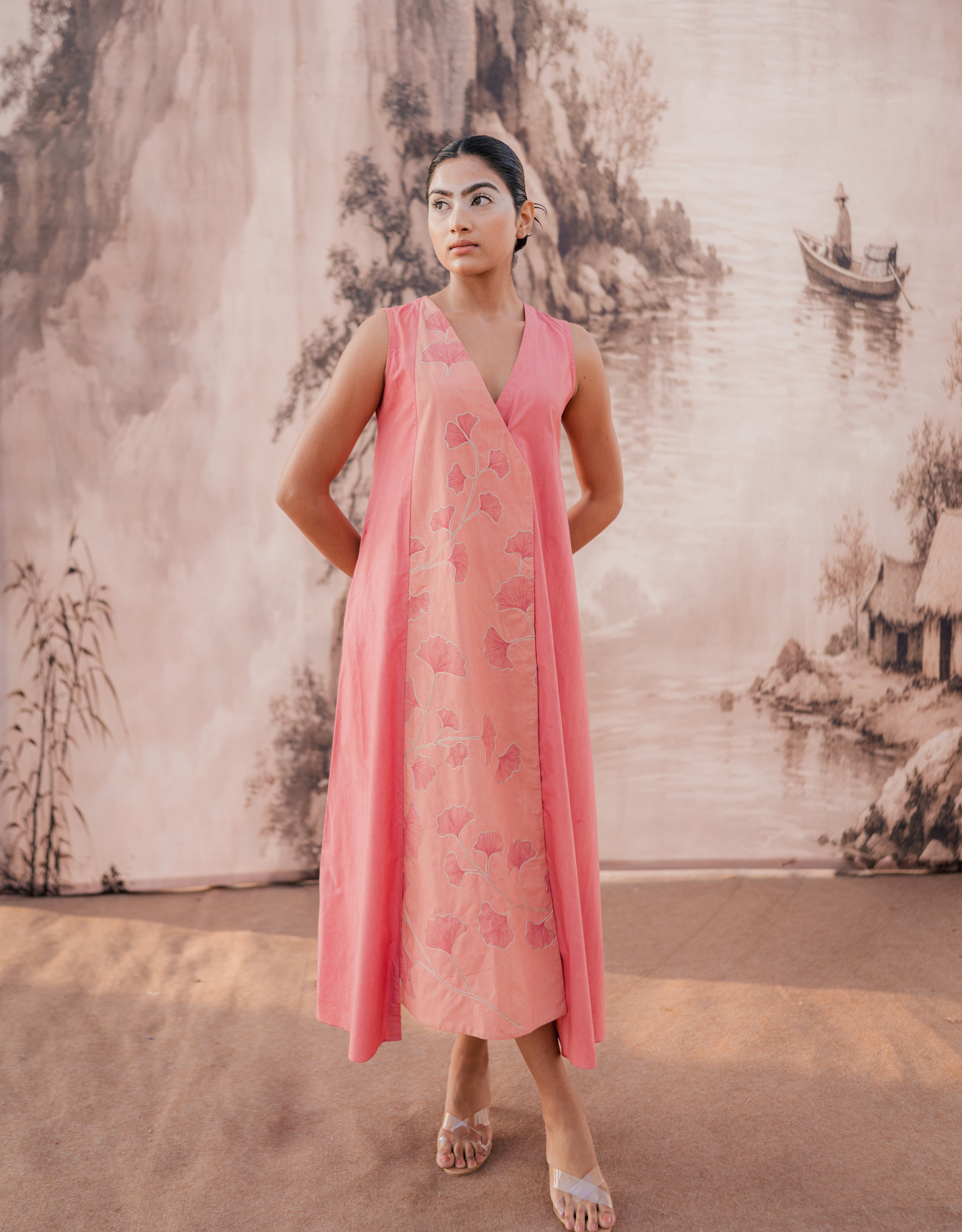 Blush Embroidered & Handpainted Anghrakha Cotton Dress