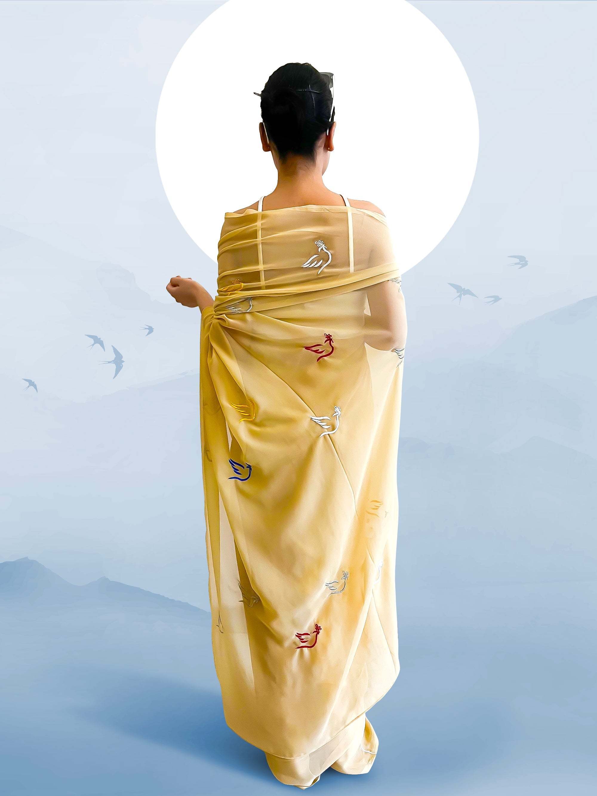 ⁠Flying Home - Beige saree with embroidered multicolored birds (October Summer)