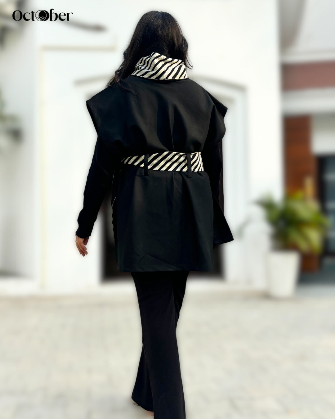 Black Fine Wool Embroidered Cape - High neck with Belt (around The World)