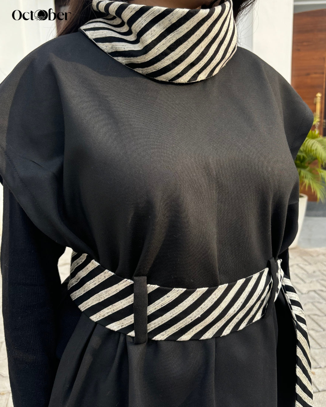 Black Fine Wool Embroidered Cape - High neck with Belt (around The World)