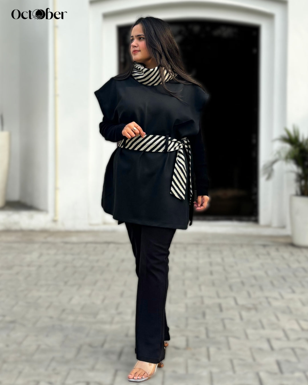 Black Fine Wool Embroidered Cape - High neck with Belt (around The World)