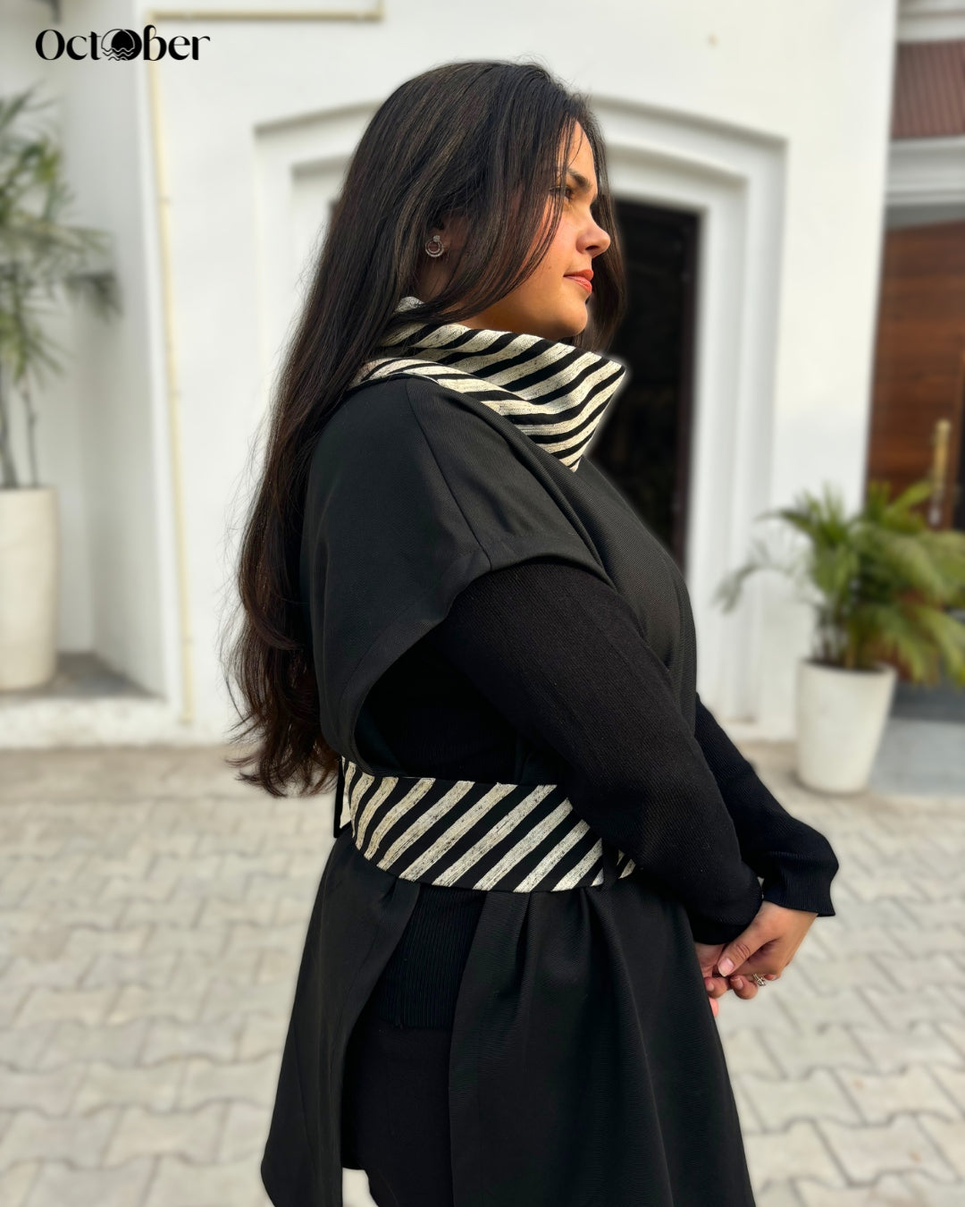 Black Fine Wool Embroidered Cape - High neck with Belt (around The World)