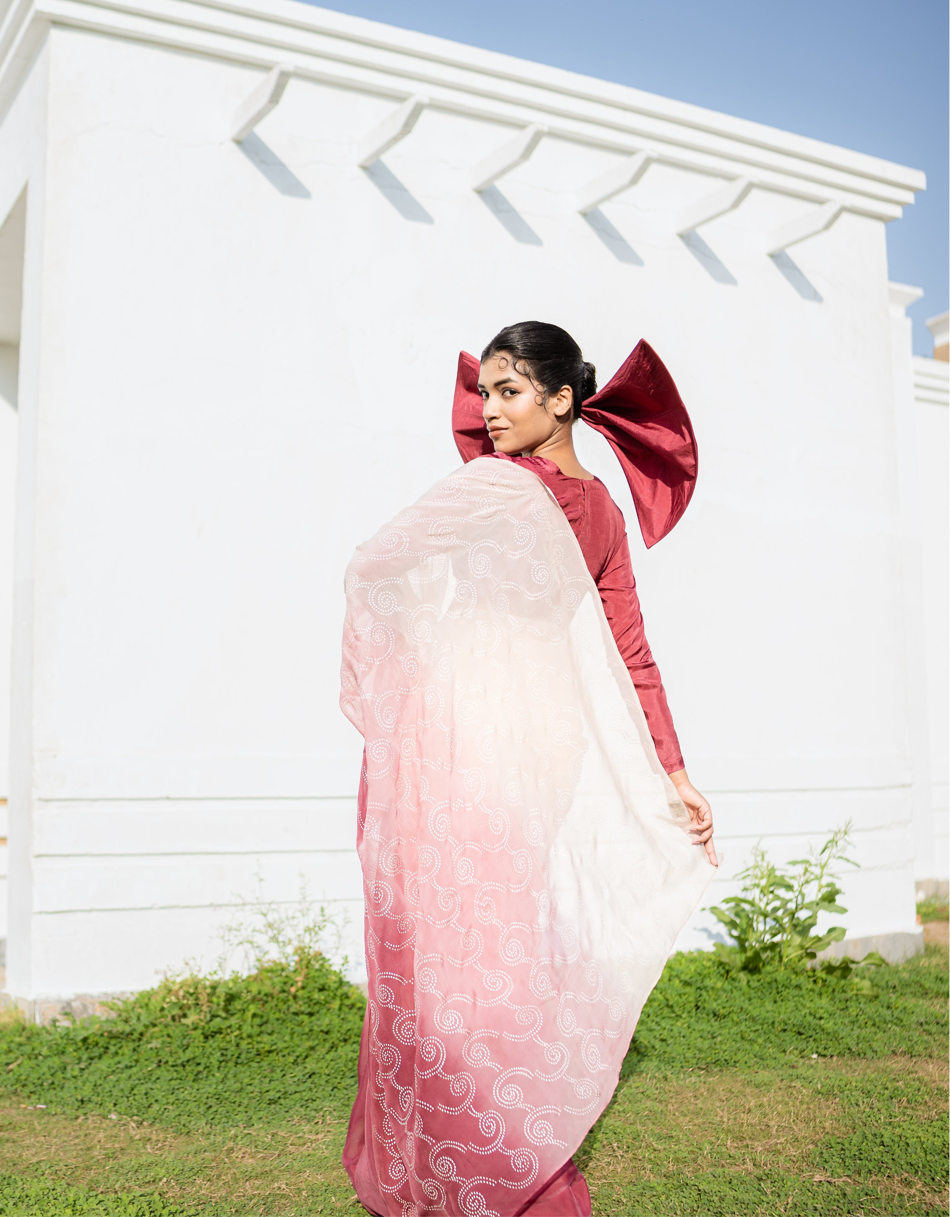 Burgundy Blush Silver Printed Organza Saree