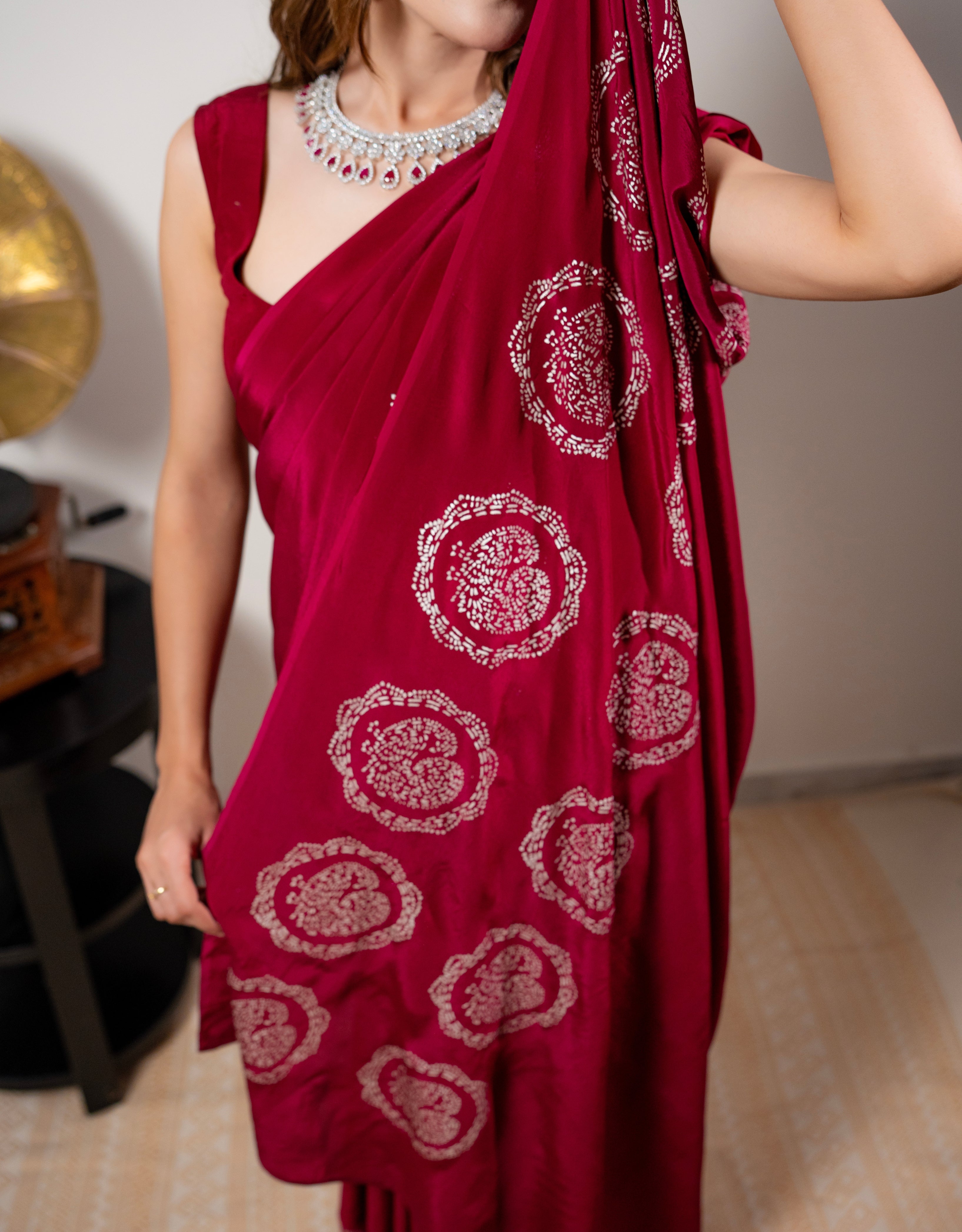 Wine Real Silver Organic Crepe Saree