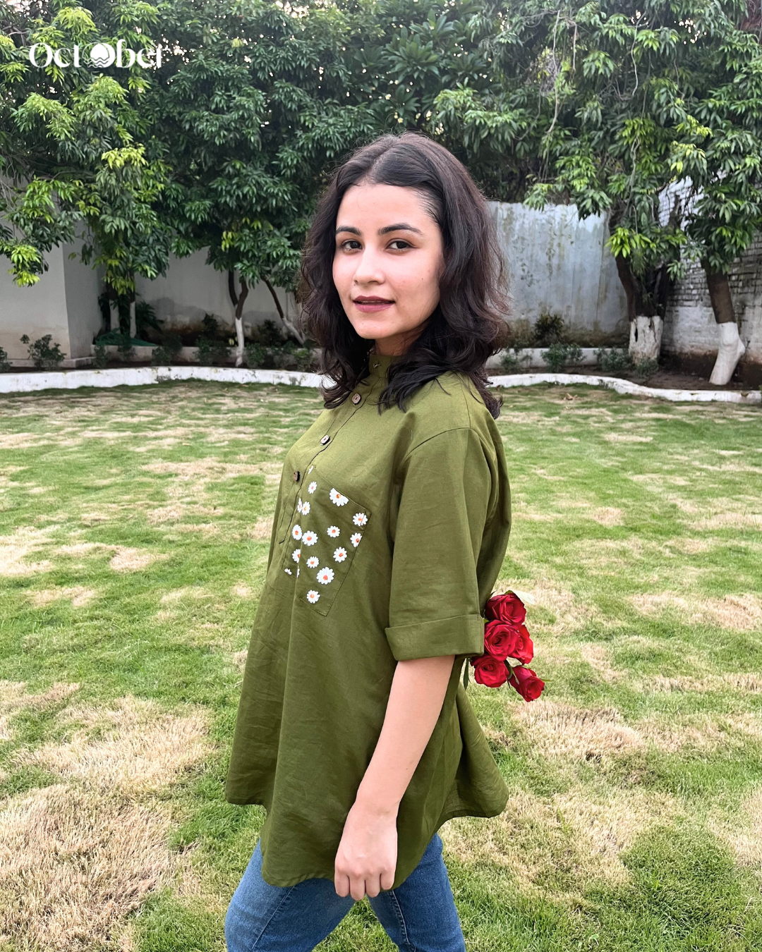 Green Pure Cotton Shirt - Pocket full of Flowers (Flowers, Fragrances and More)