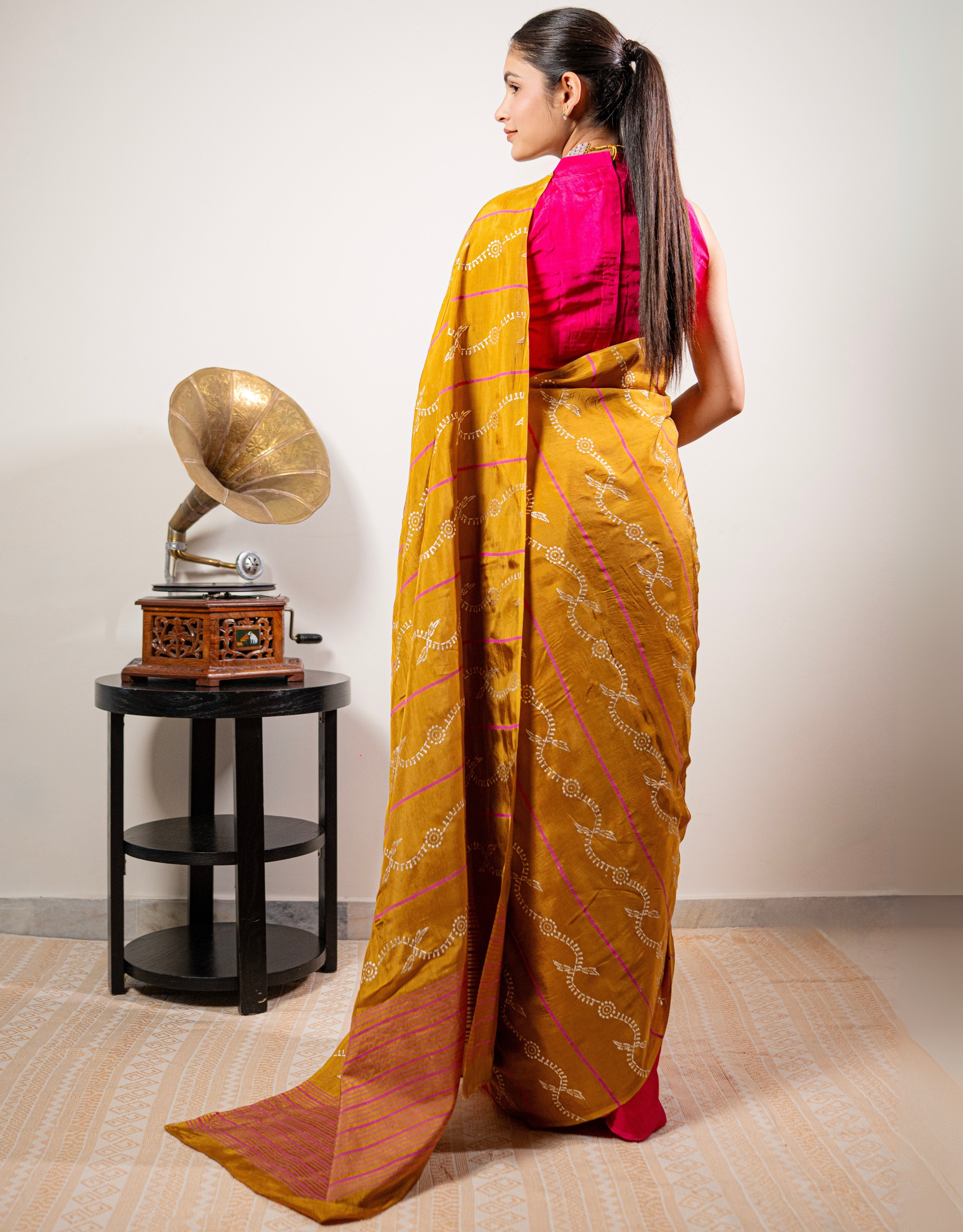 Honey Fuchsia Real Silver Block Print Silk Saree