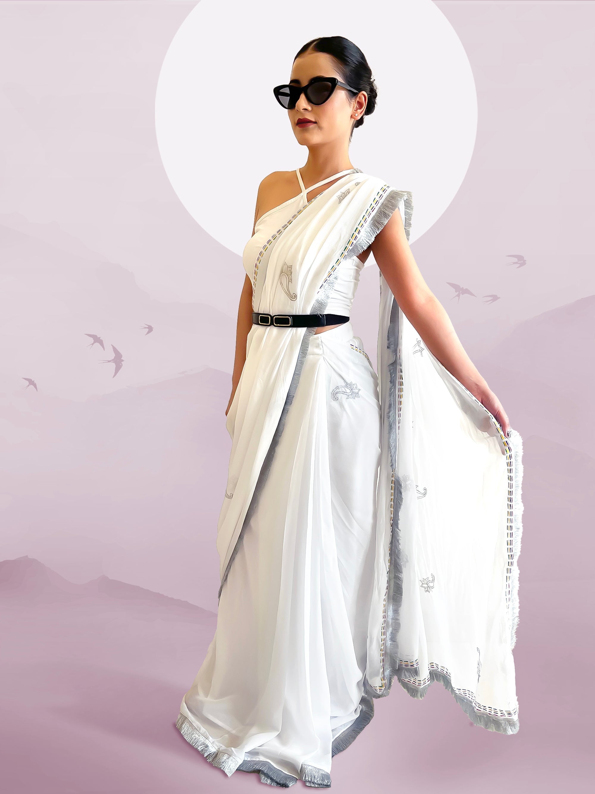White Georgette Hand- Painted & Embroidered Saree - Paisley Print & more (October Summers)