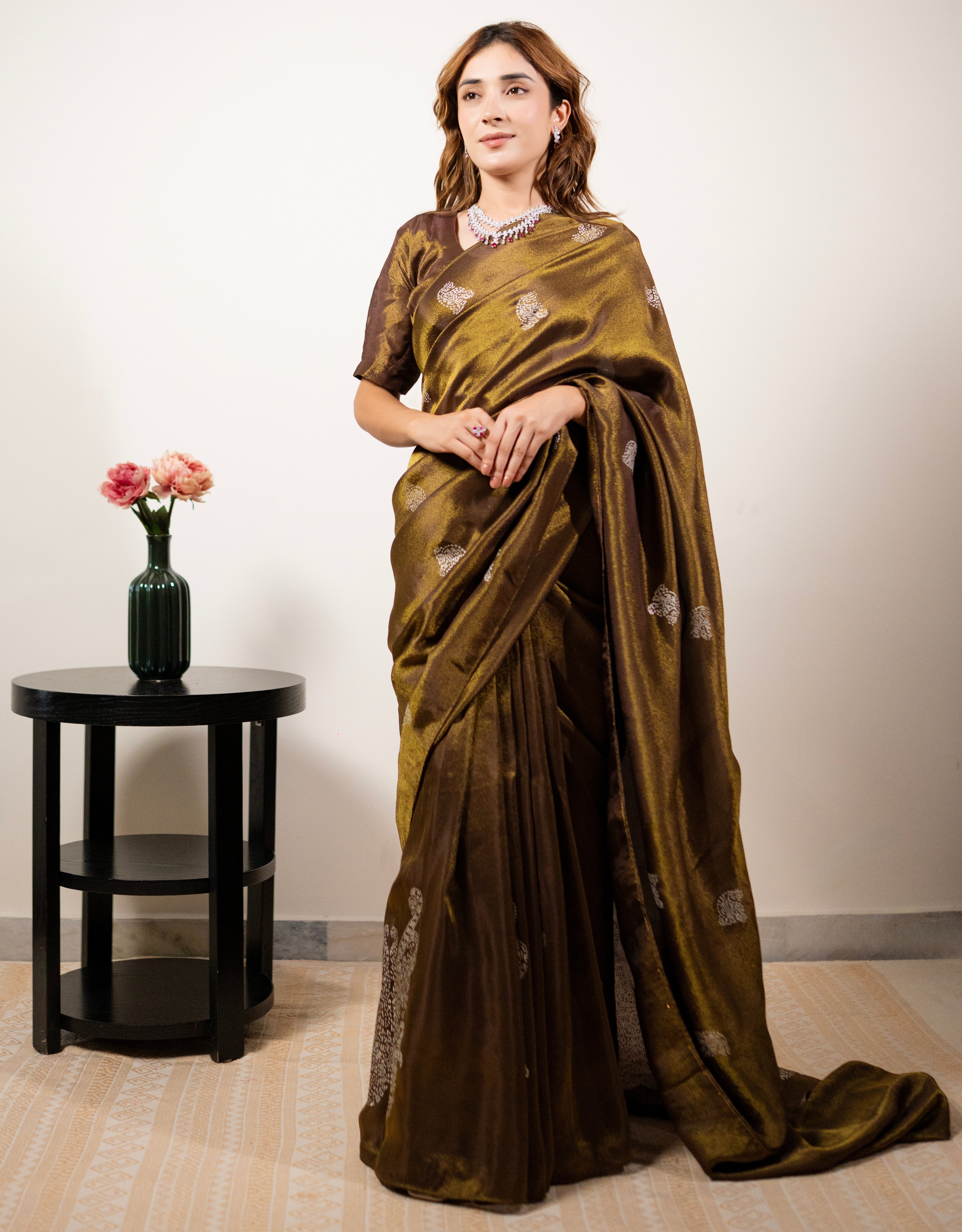 Caramel Gold Real Silver Saree in Tissue Silk