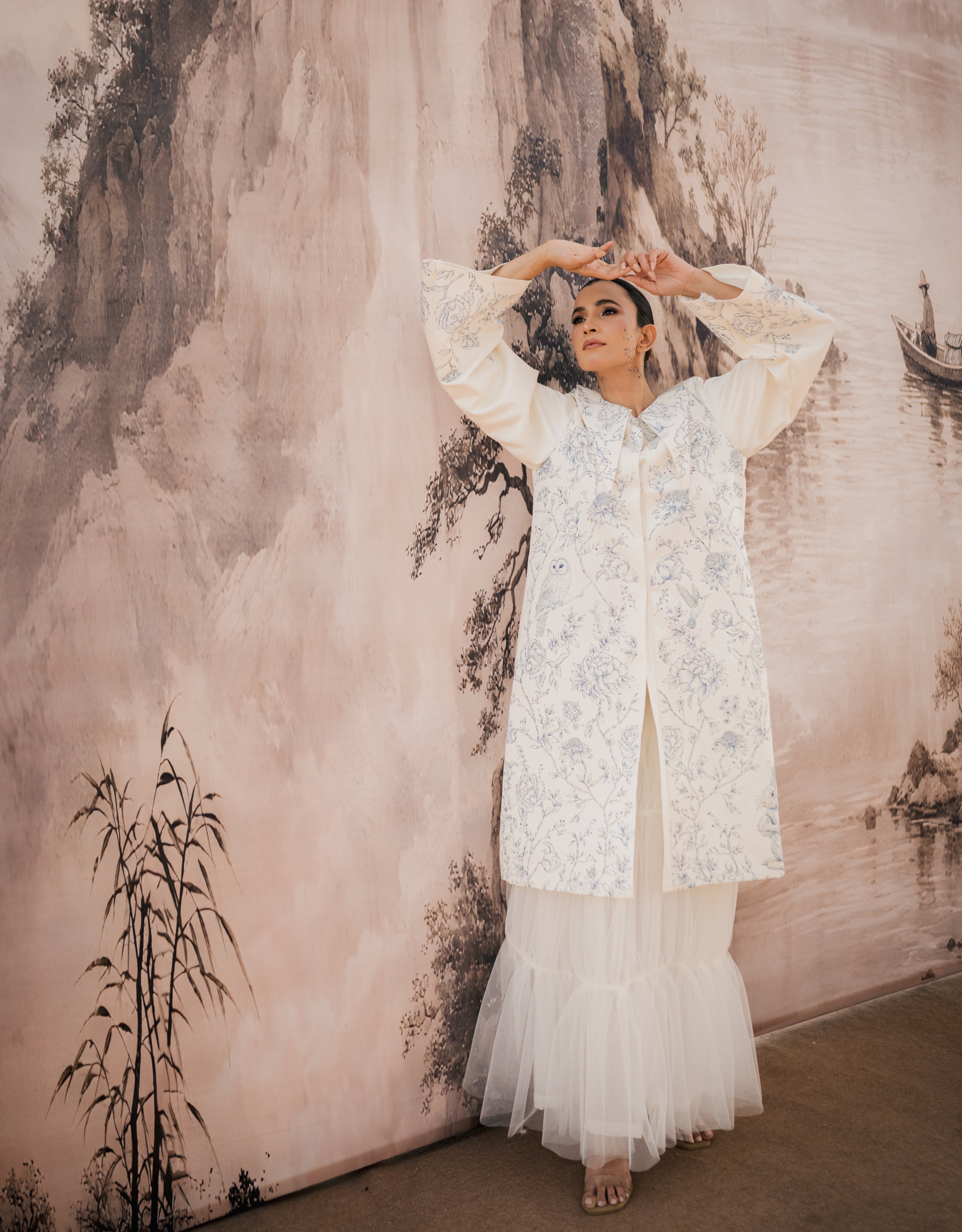 Cloud handpainted Linen Satin Coat