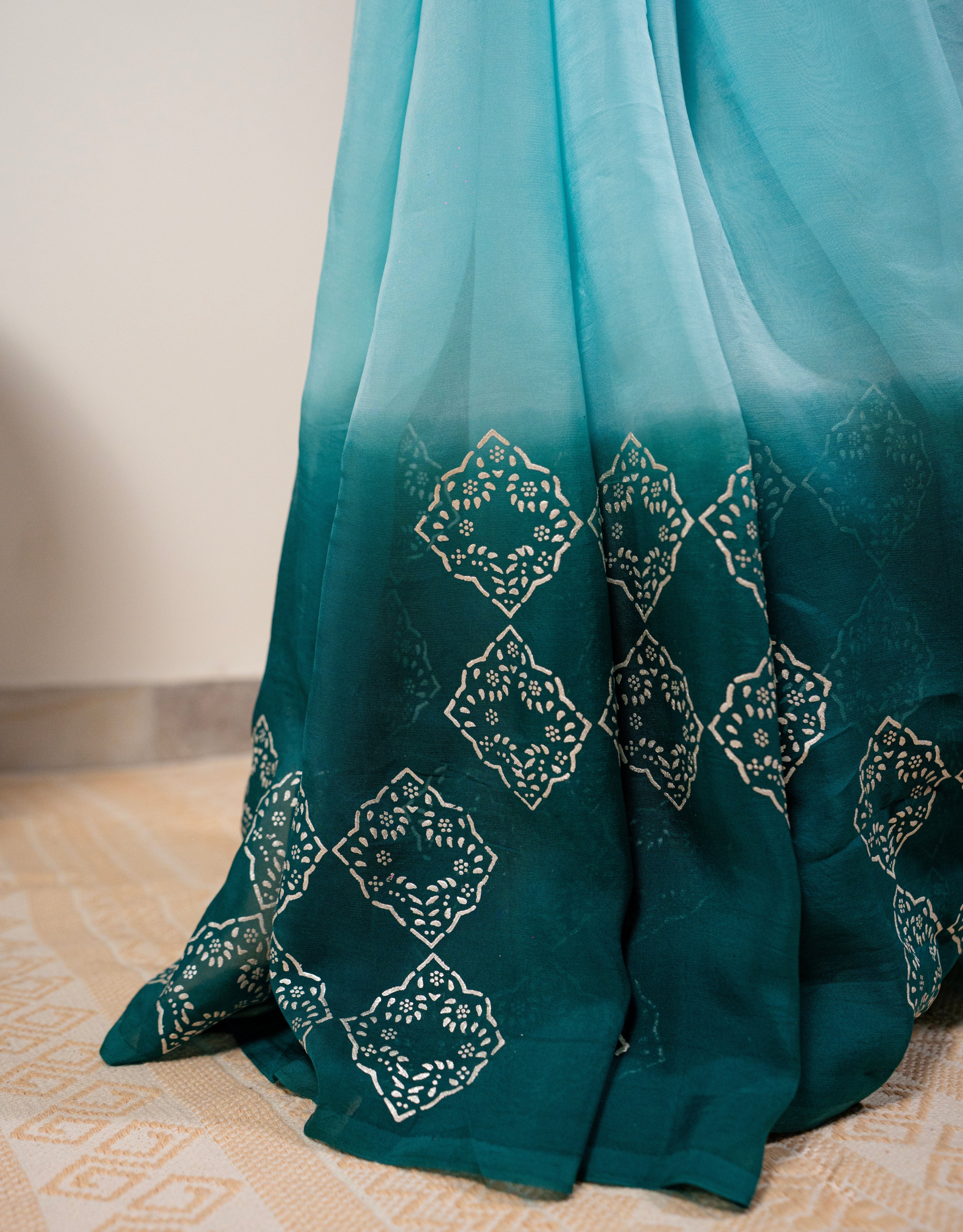 Turquoise Real Silver Organza Saree