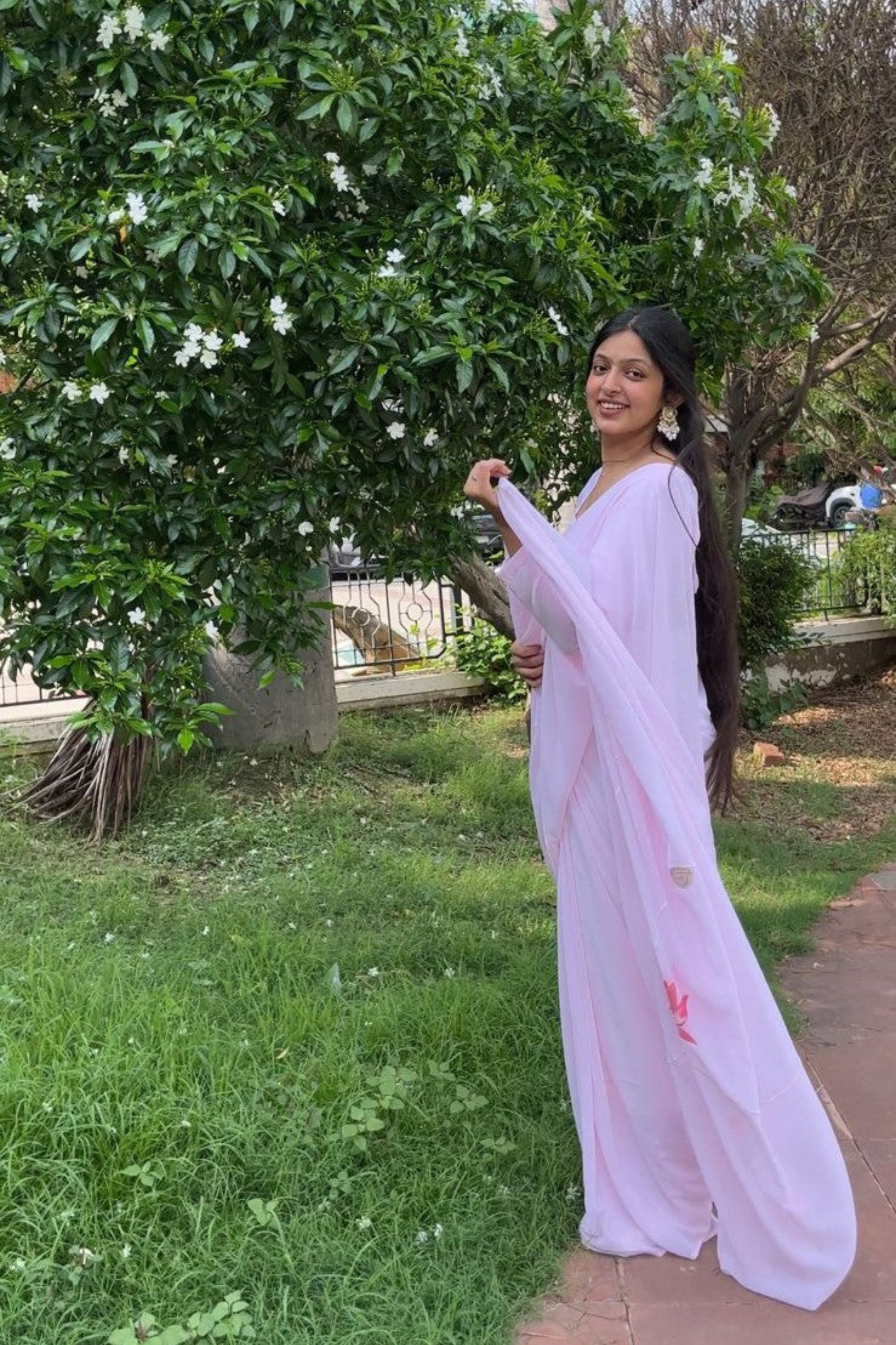 Pink Georgette Hand-Painted Saree - Vintage Floral Garden (Mapping Stars)