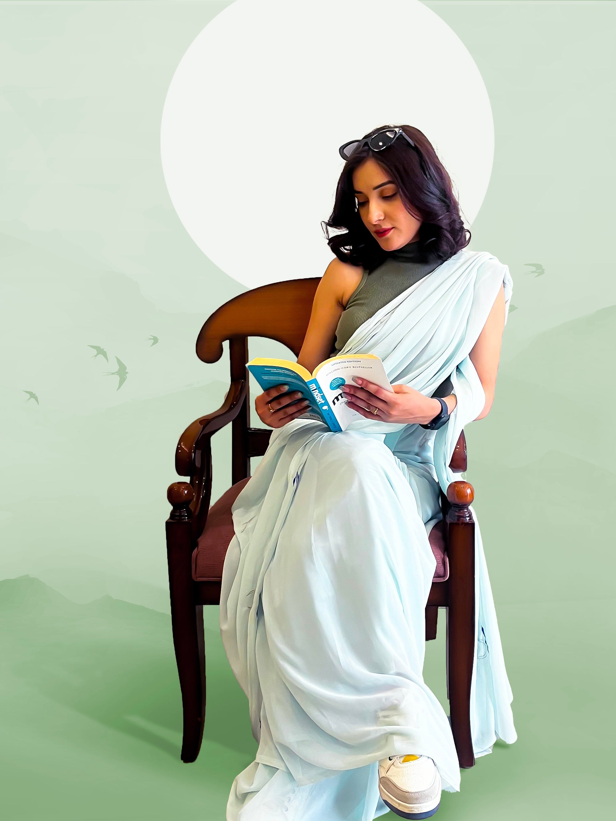 Mint Georgette Embroidered Saree - Moon, Mint & Leaves (October Summers)
