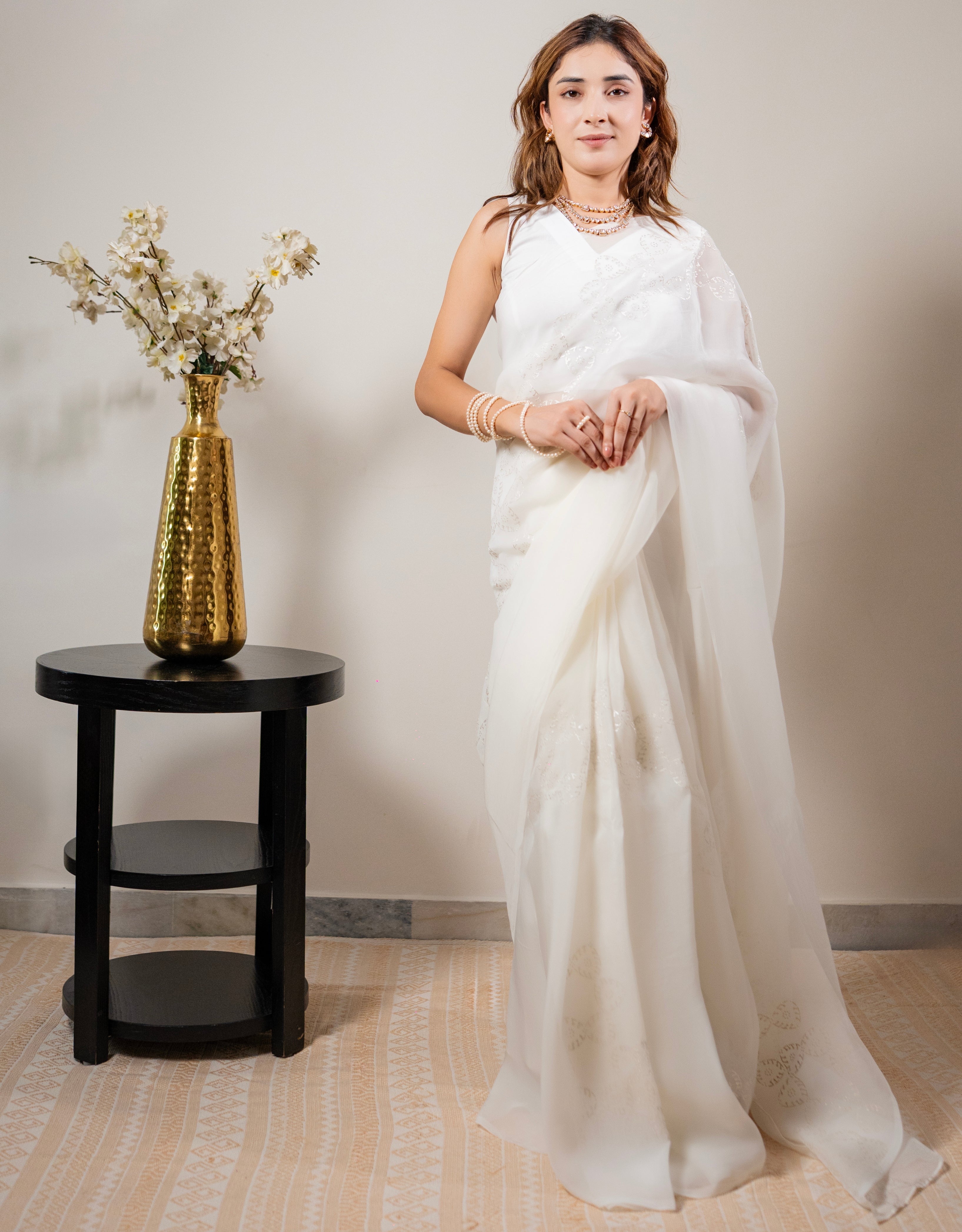 Pearl Organza Real Silver Saree