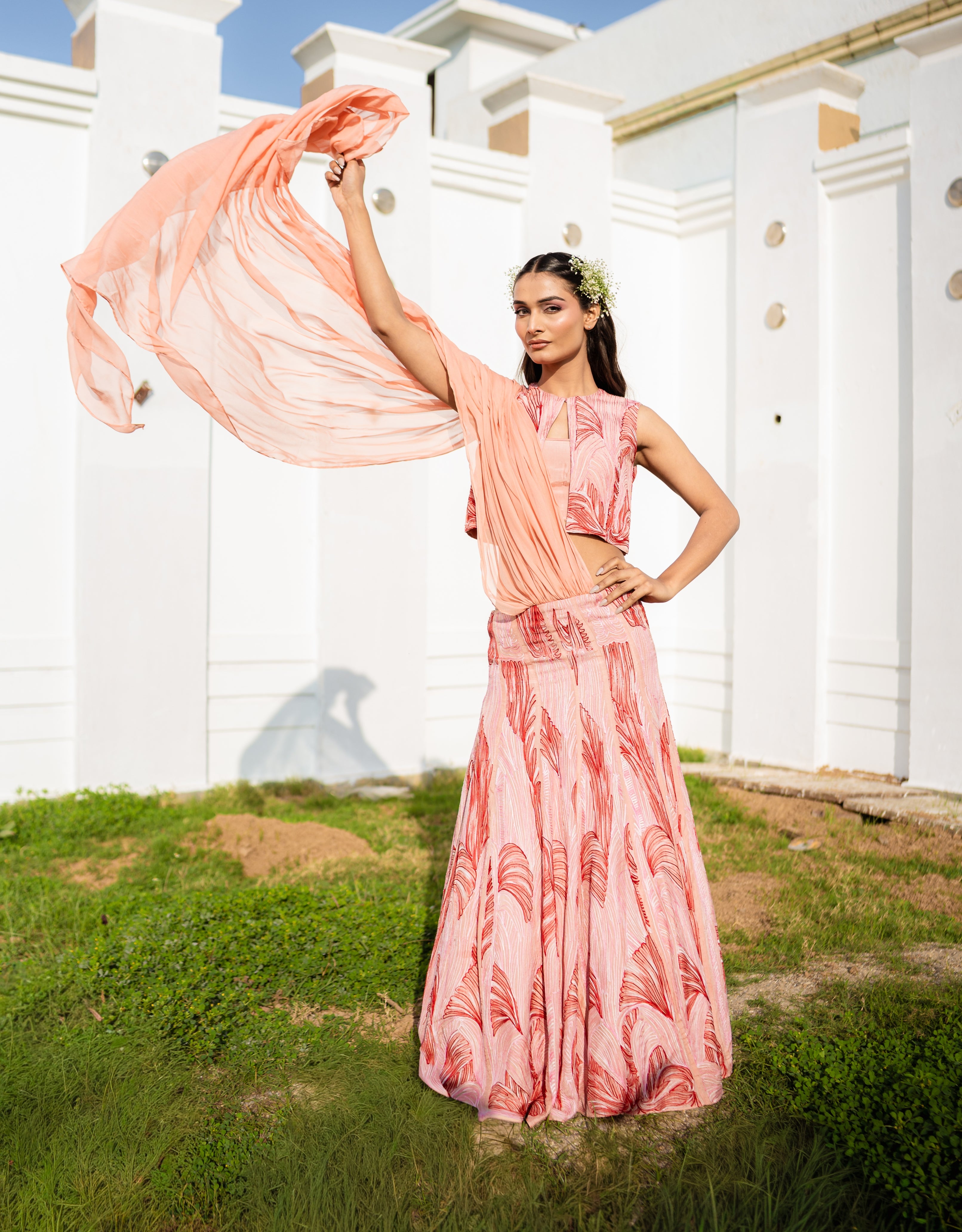 Peachy Embroidered Lengha Saree Set