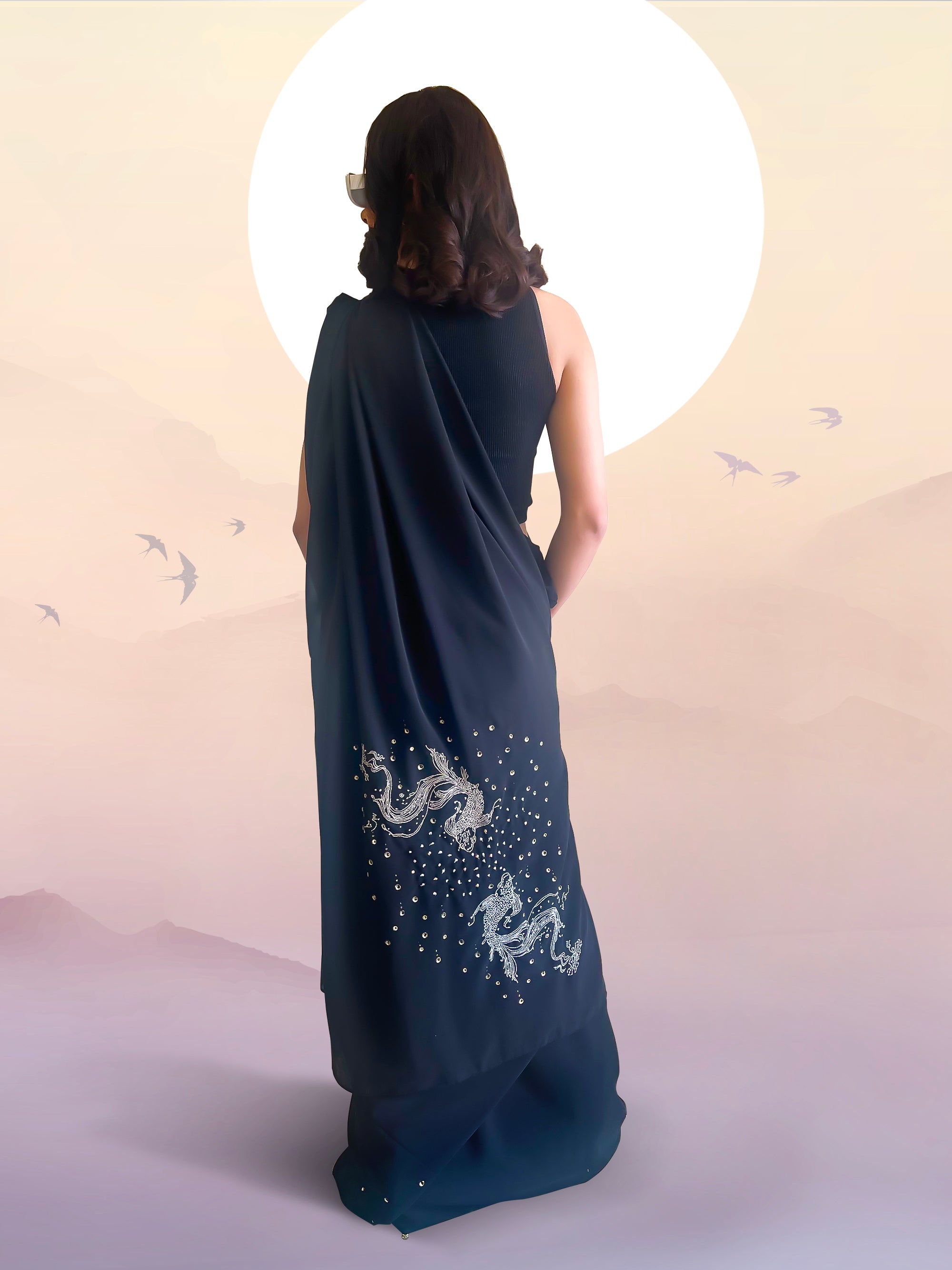 Black Georgette Hand-Painted & Embroidered Saree - Bubble & Dreams (October Summers)